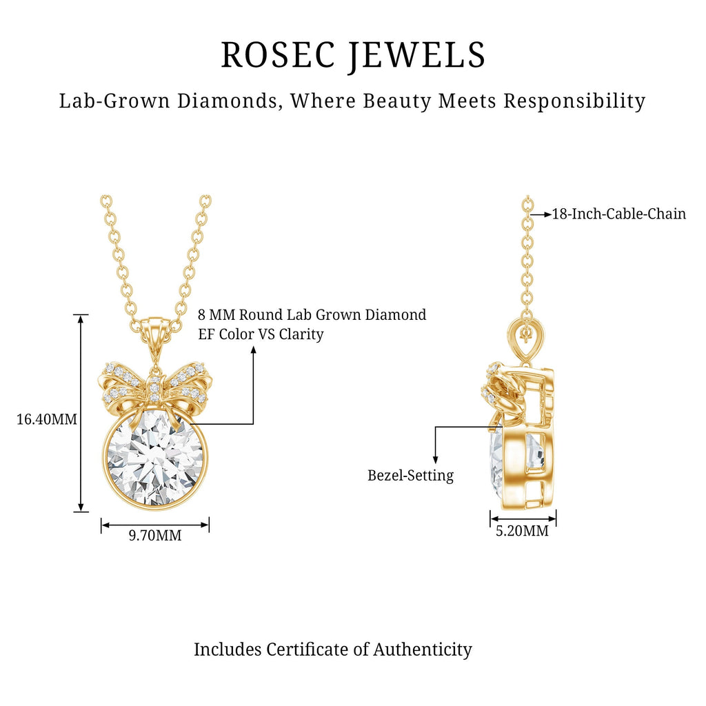 Bezel Set Lab Grown Diamond Solitaire Necklace With Cute Bow