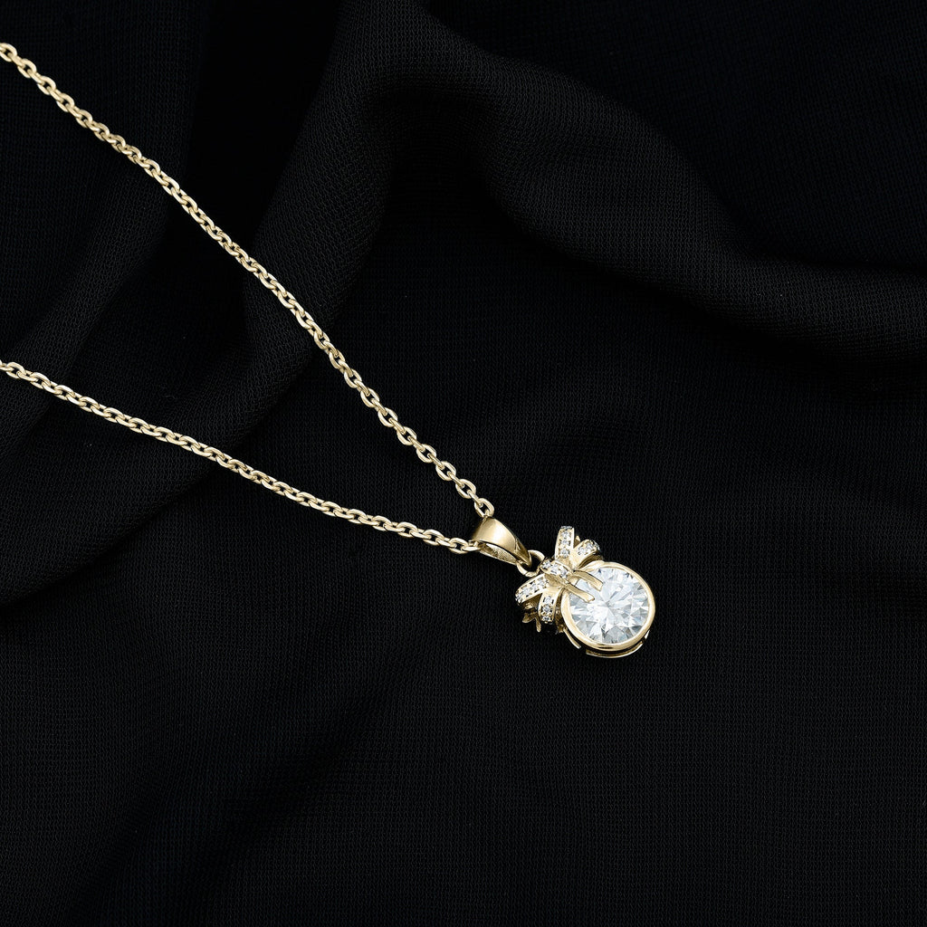 Bezel Set Lab Grown Diamond Solitaire Necklace With Cute Bow