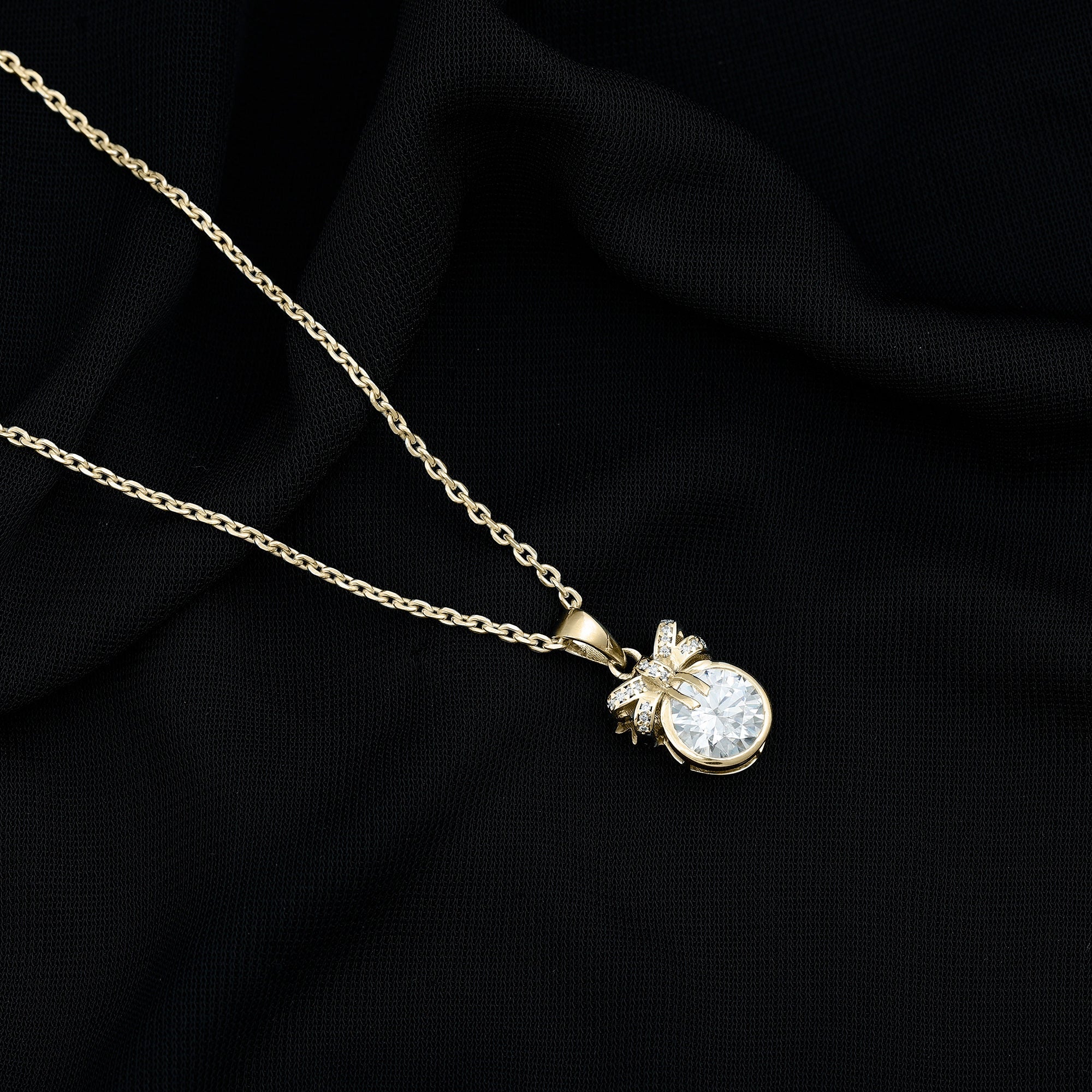 Bezel Set Lab Grown Diamond Solitaire Necklace With Cute Bow