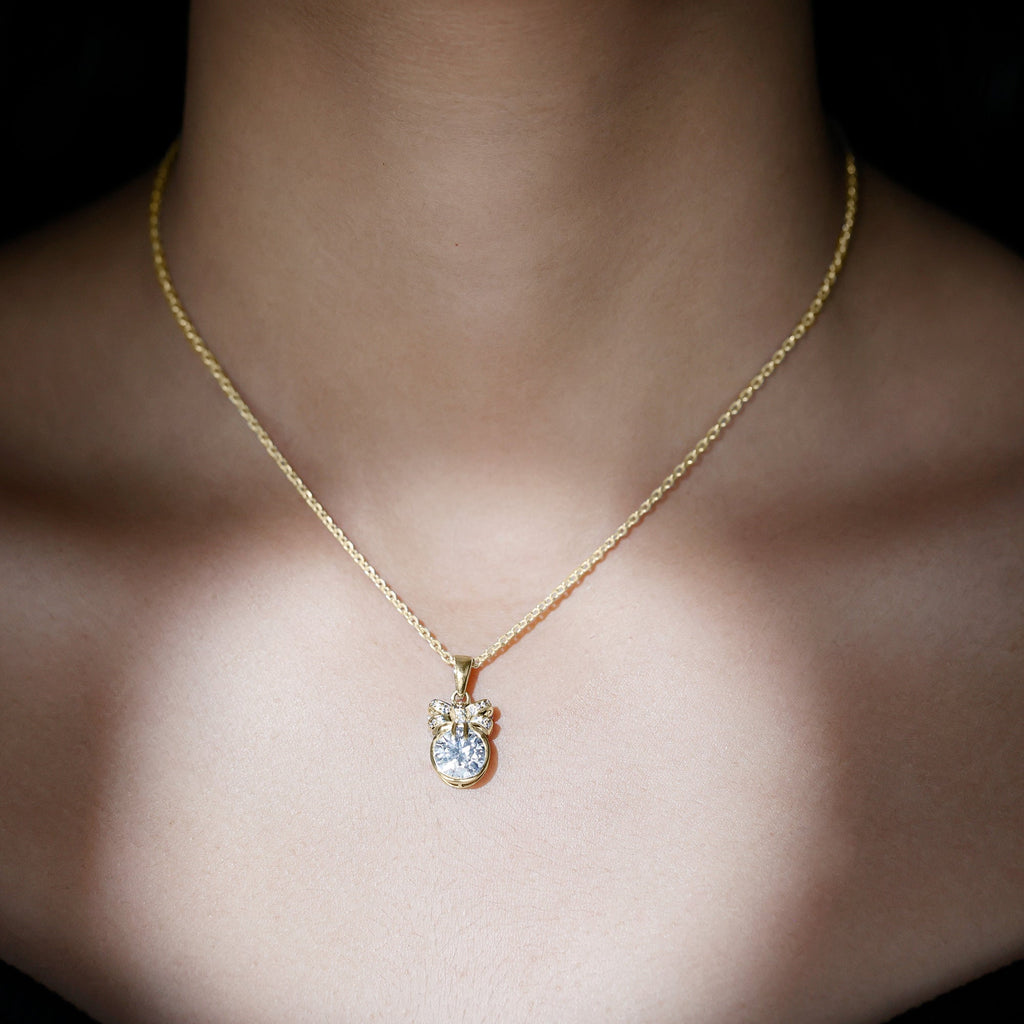 Bezel Set Lab Grown Diamond Solitaire Necklace With Cute Bow