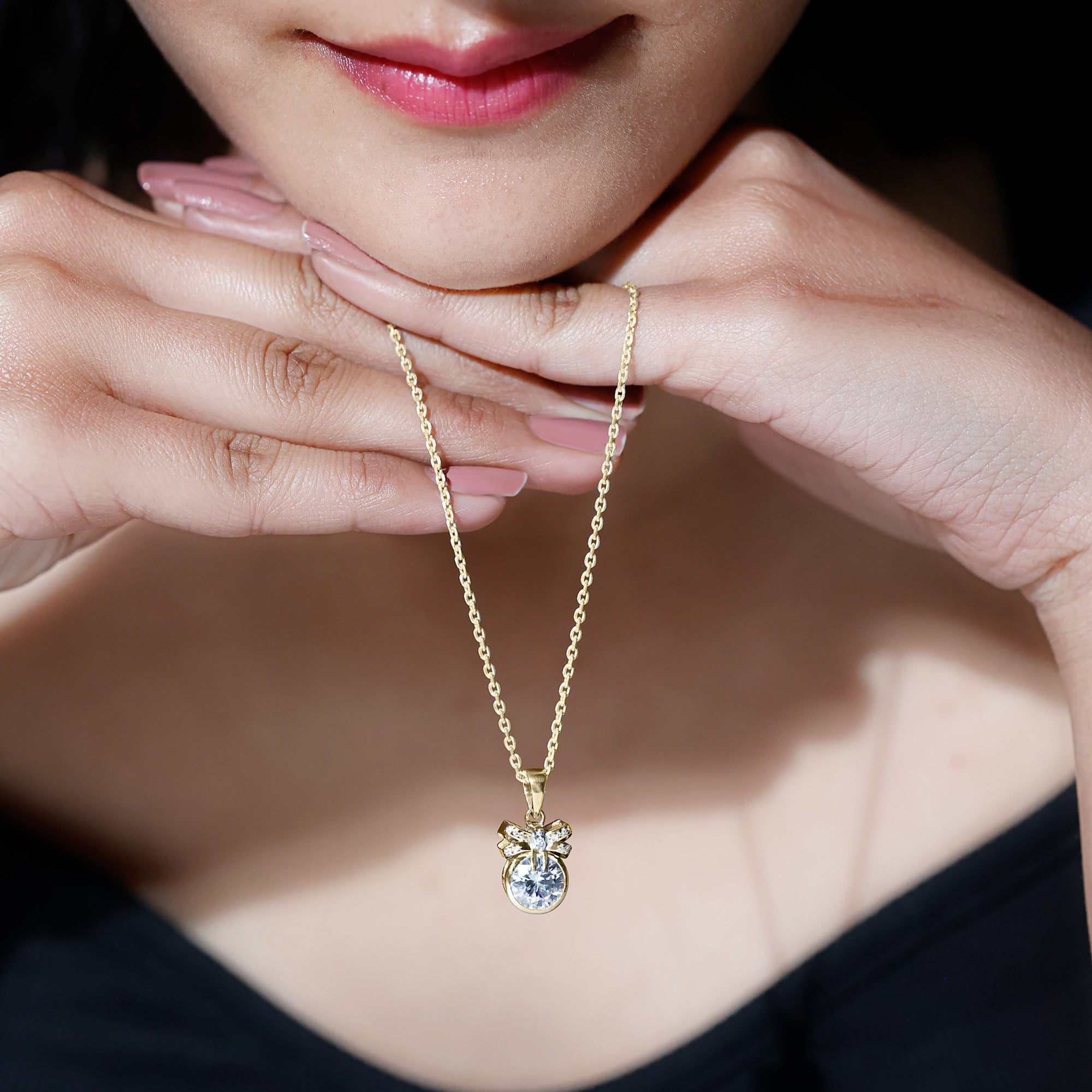 Bezel Set Lab Grown Diamond Solitaire Necklace With Cute Bow