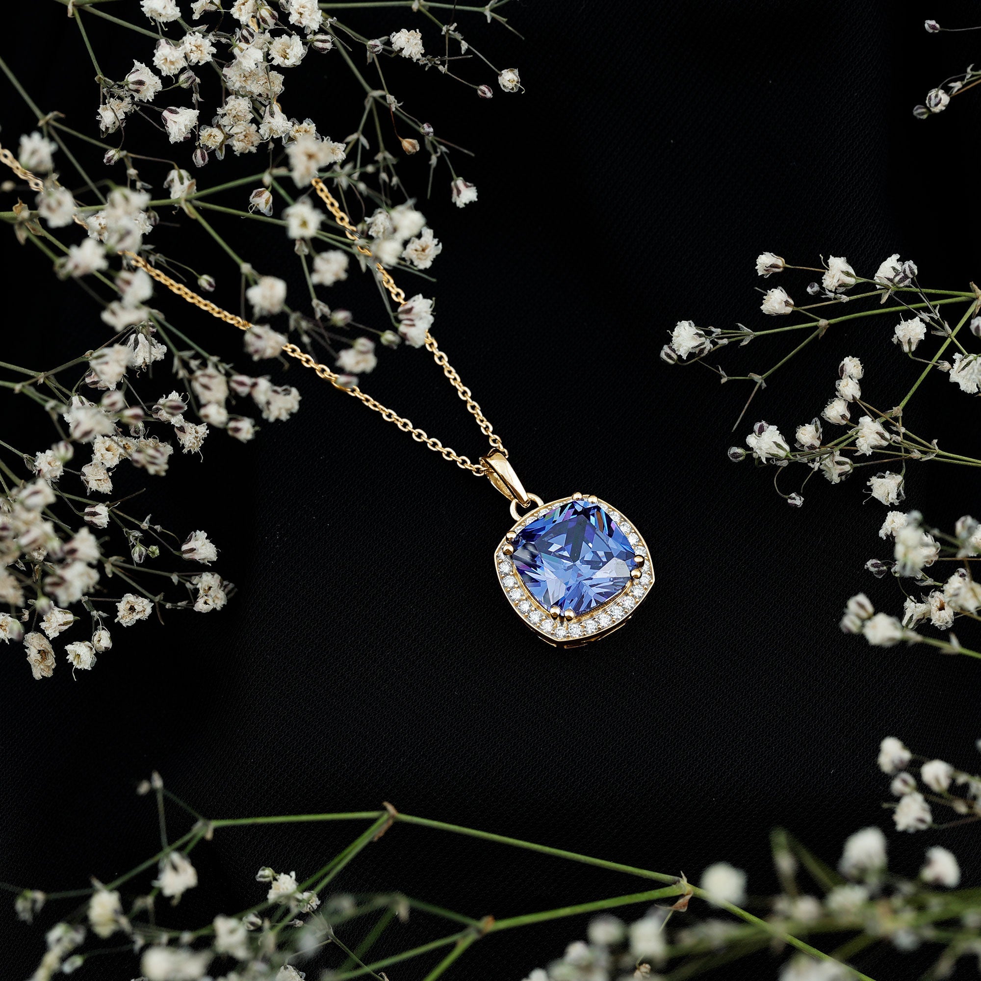 Certified 9 Carat Cushion Lab Grown Blue Sapphire Halo Necklace