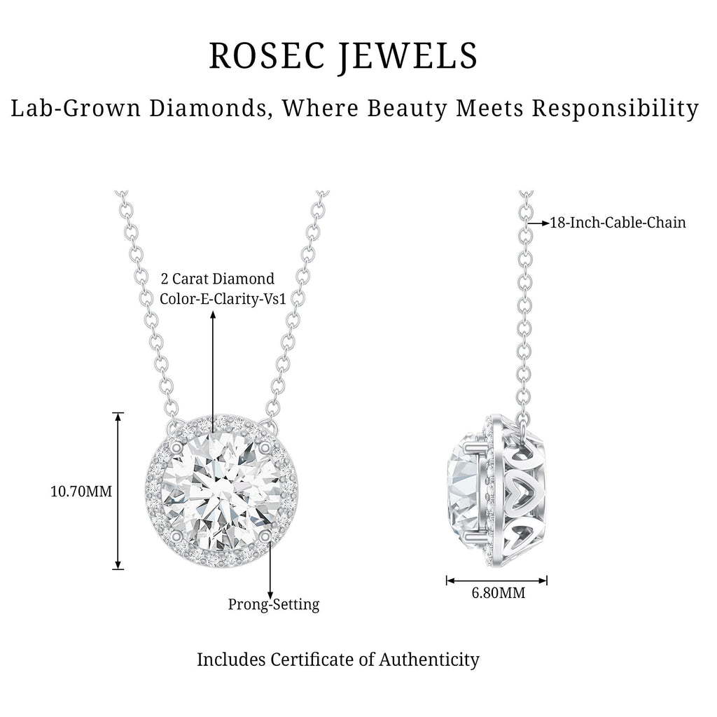 Lab Grown Diamond Necklace – IGI Certified 2 Carat Round Halo Pendant