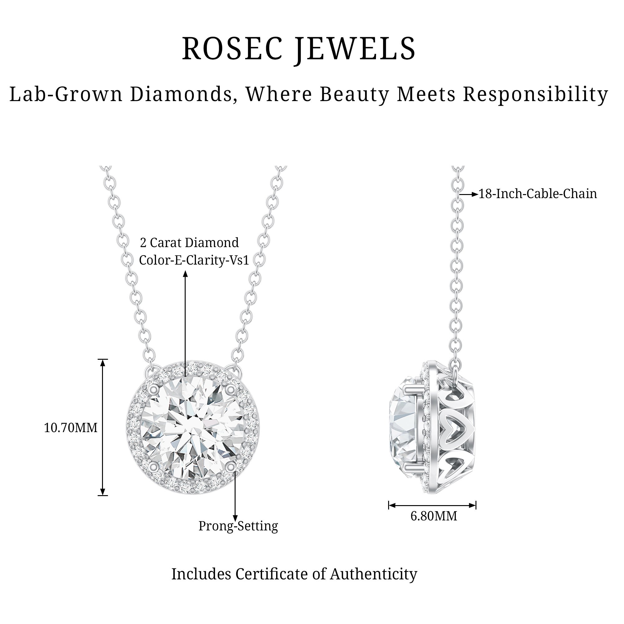 Lab Grown Diamond Necklace – IGI Certified 2 Carat Round Halo Pendant