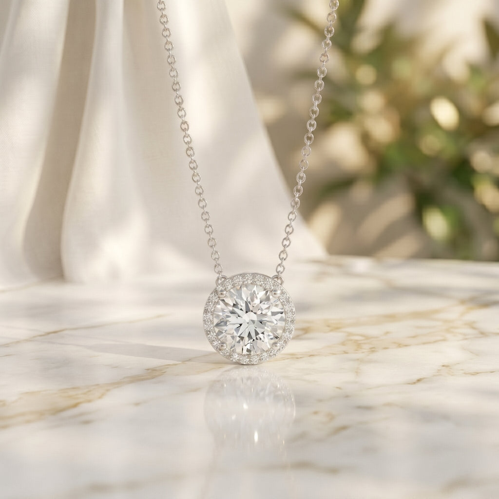 Lab Grown Diamond Necklace – IGI Certified 2 Carat Round Halo Pendant