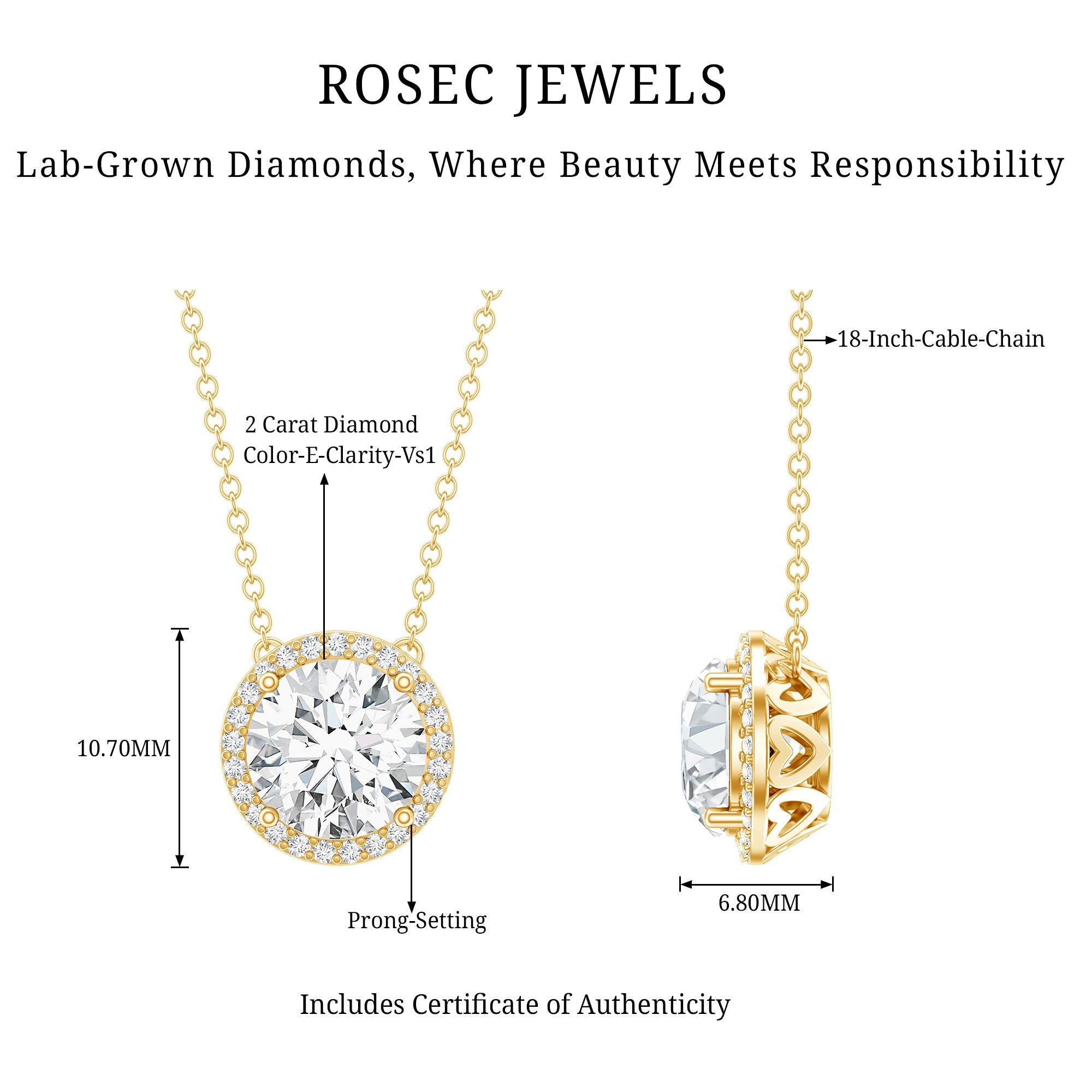 Lab Grown Diamond Necklace – IGI Certified 2 Carat Round Halo Pendant