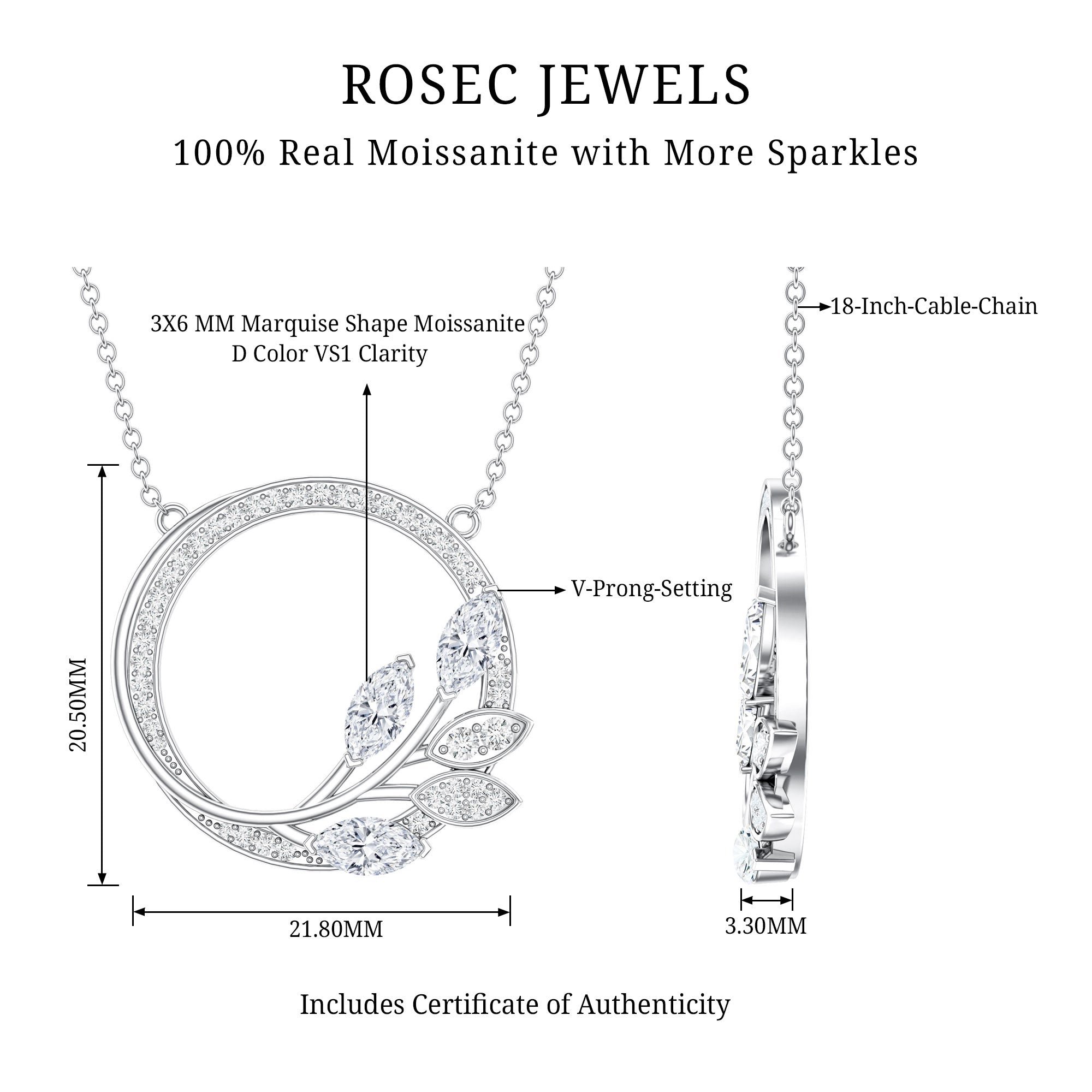 Moissanite Eternity Necklace – Marquise & Round Cut Leaf Design Pendant
