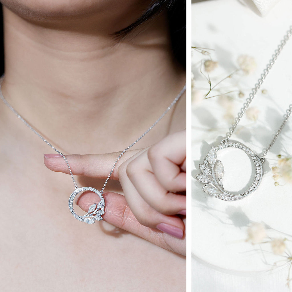 Moissanite Eternity Necklace – Marquise & Round Cut Leaf Design Pendant
