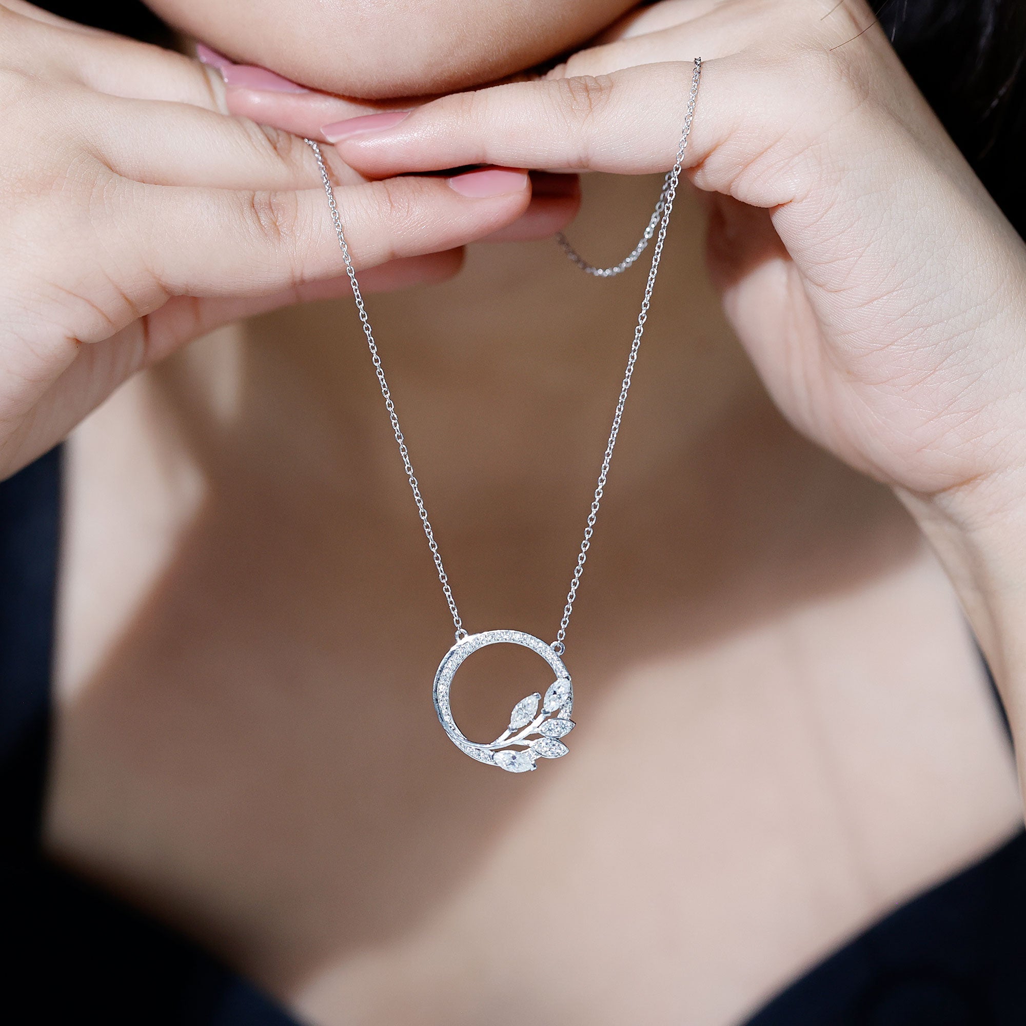 Moissanite Eternity Necklace – Marquise & Round Cut Leaf Design Pendant