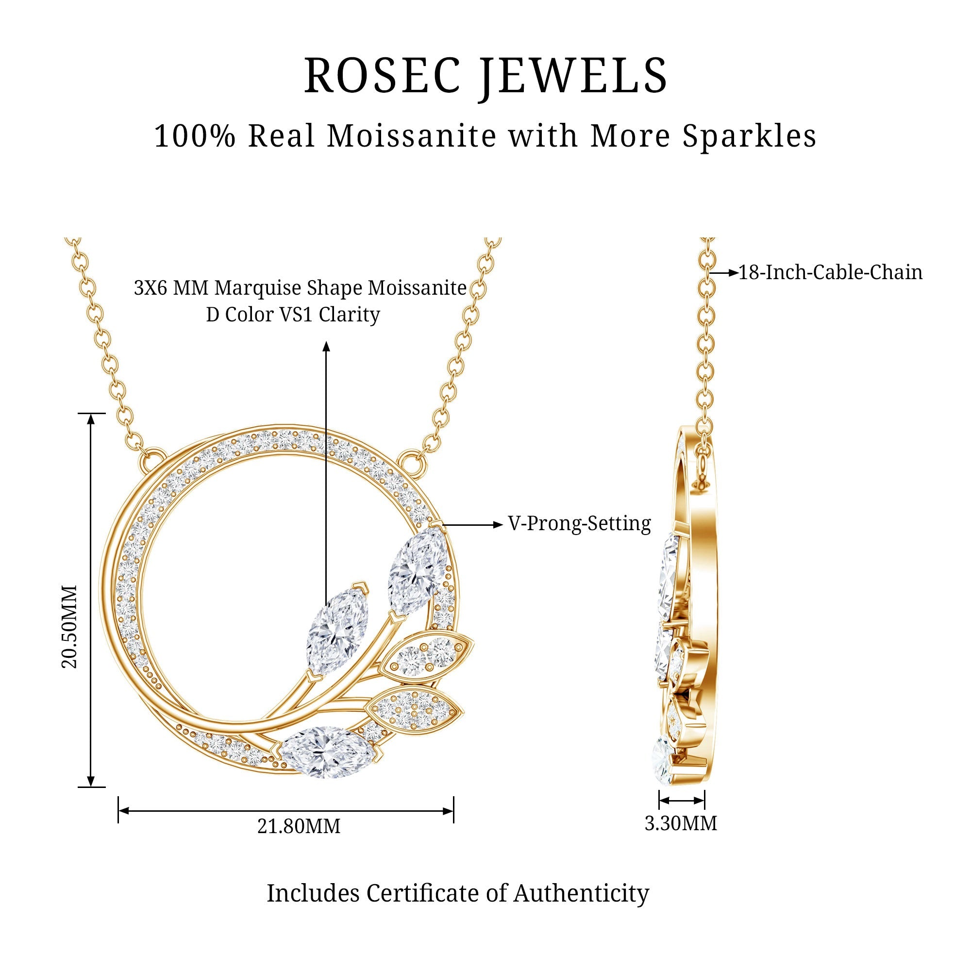 Moissanite Eternity Necklace – Marquise & Round Cut Leaf Design Pendant