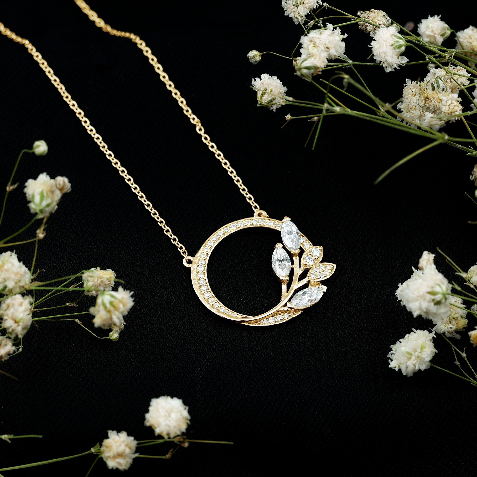 Moissanite Eternity Necklace – Marquise & Round Cut Leaf Design Pendant