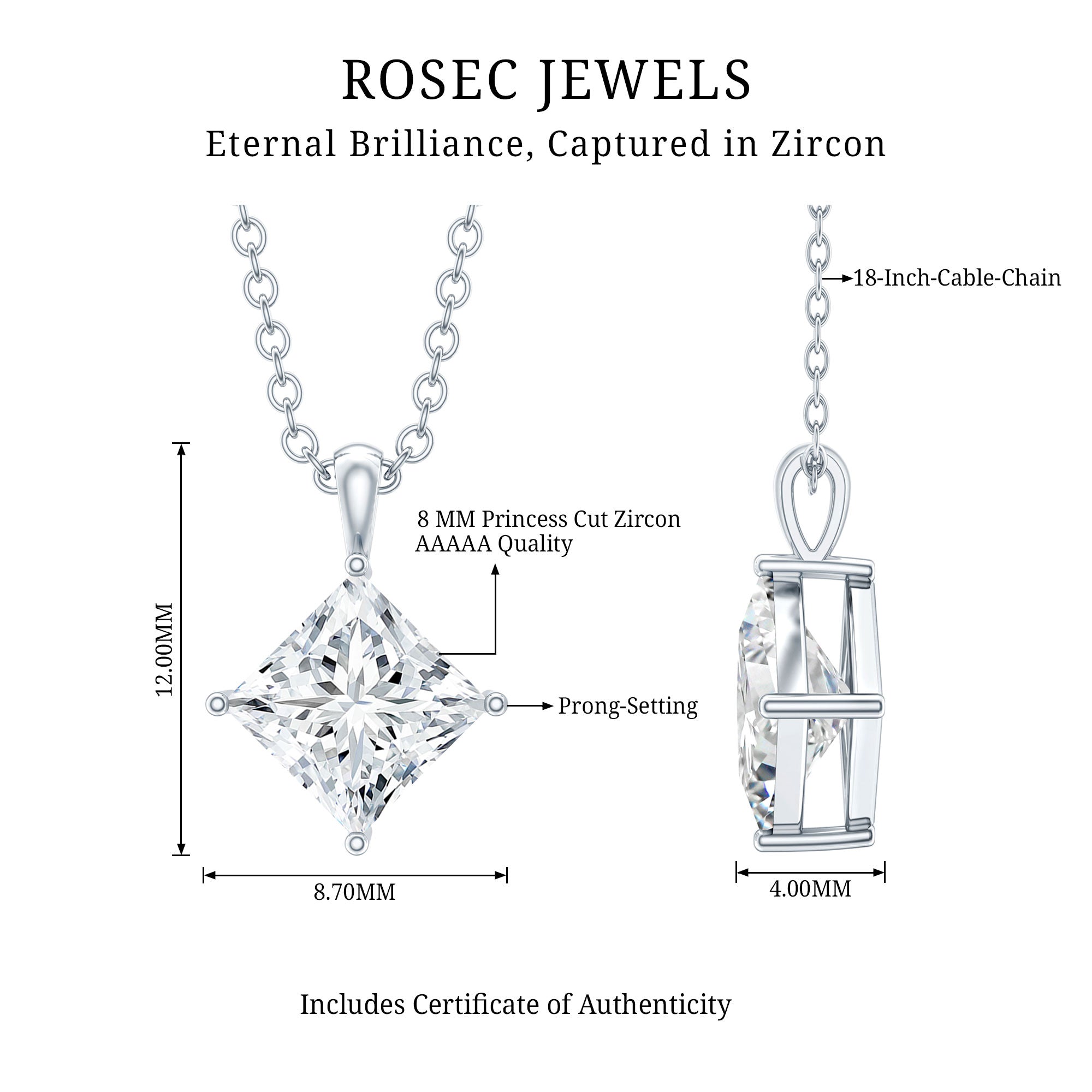 Diagonal Set 3 Carat Cubic Zirconia Princess Cut Necklace With Chain