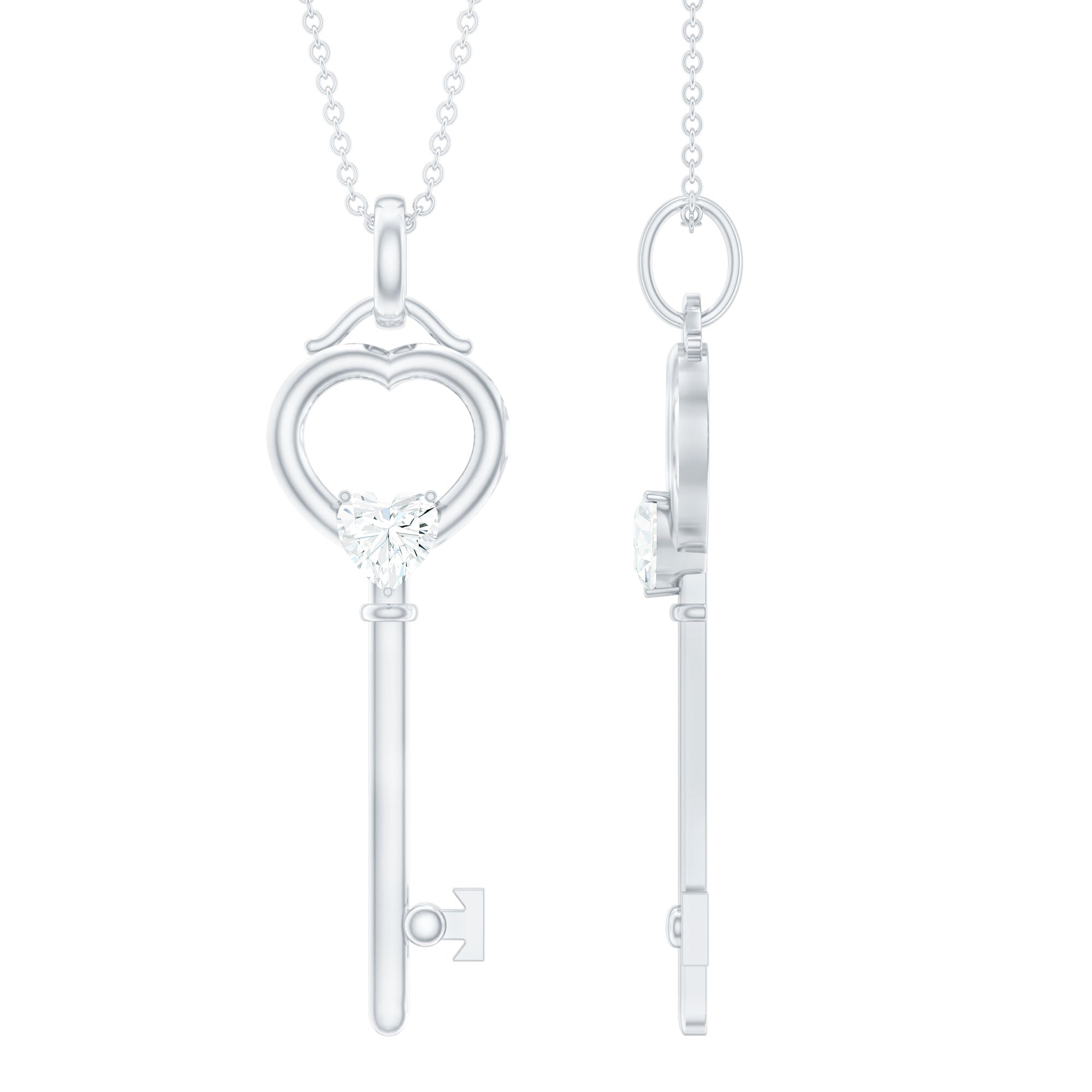 Moissanite Key Necklace – Heart Pendant in 3 Prong Setting | Elegant Jewelry Gift