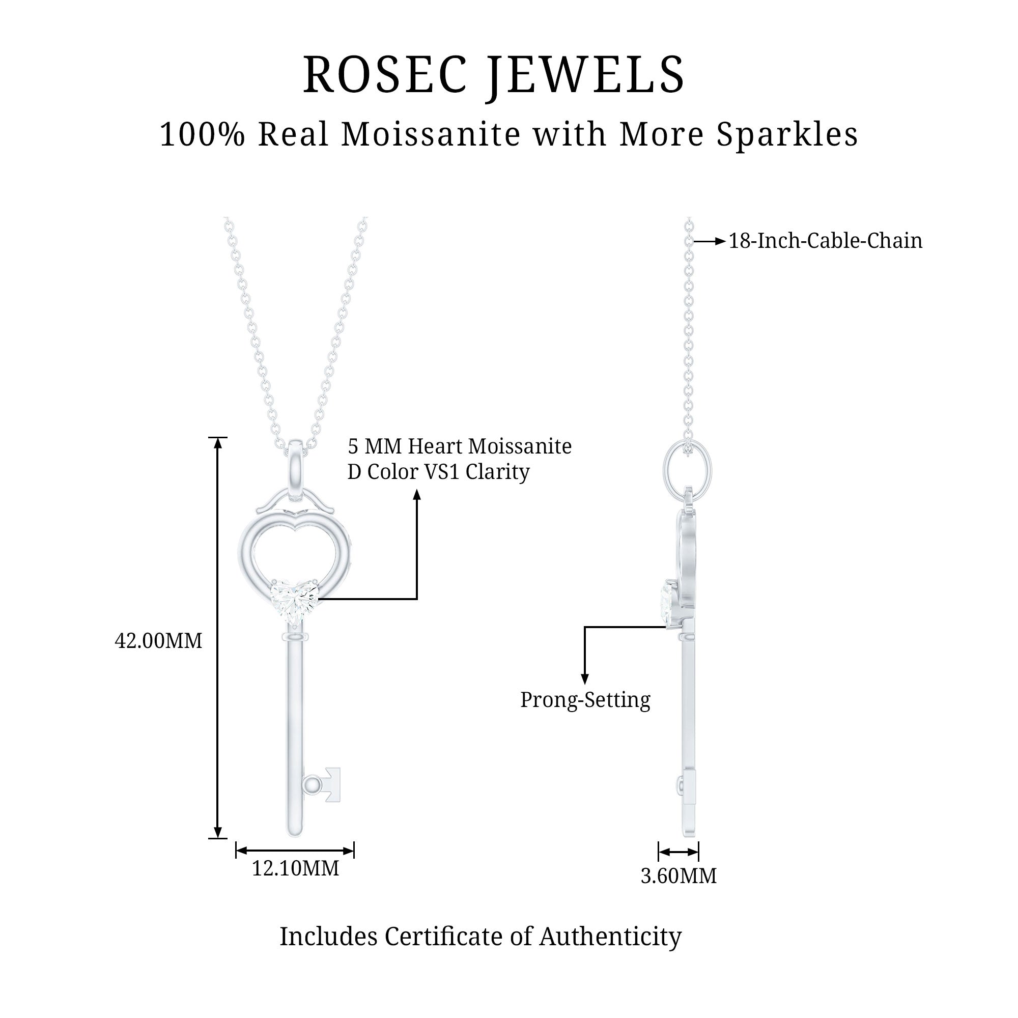Moissanite Key Necklace – Heart Pendant in 3 Prong Setting | Elegant Jewelry Gift