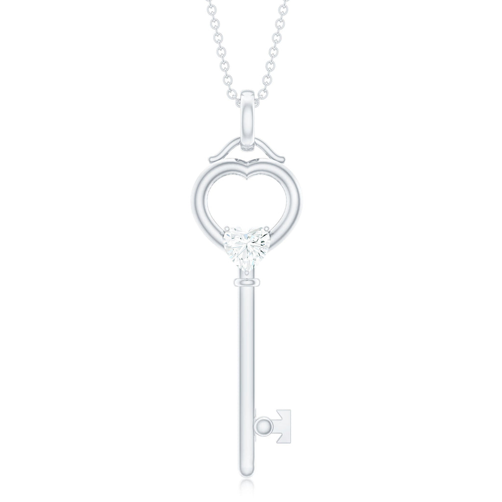 Moissanite Key Necklace – Heart Pendant in 3 Prong Setting | Elegant Jewelry Gift