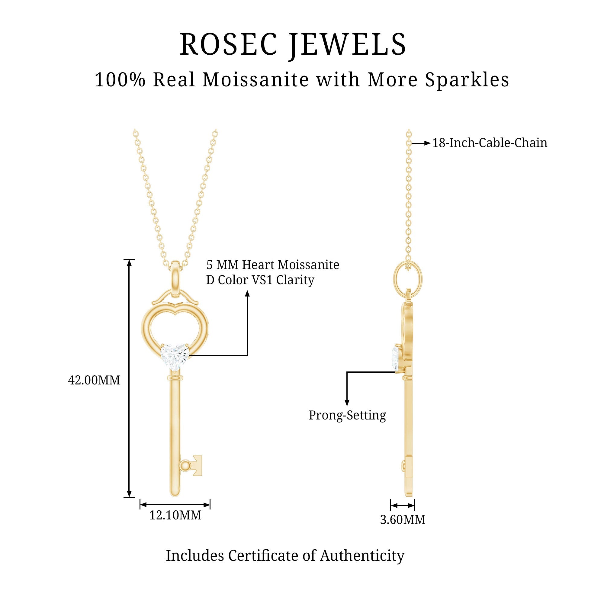 Moissanite Key Necklace – Heart Pendant in 3 Prong Setting | Elegant Jewelry Gift