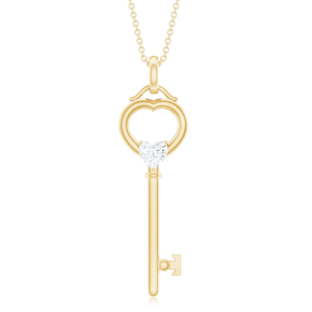 Moissanite Key Necklace – Heart Pendant in 3 Prong Setting | Elegant Jewelry Gift