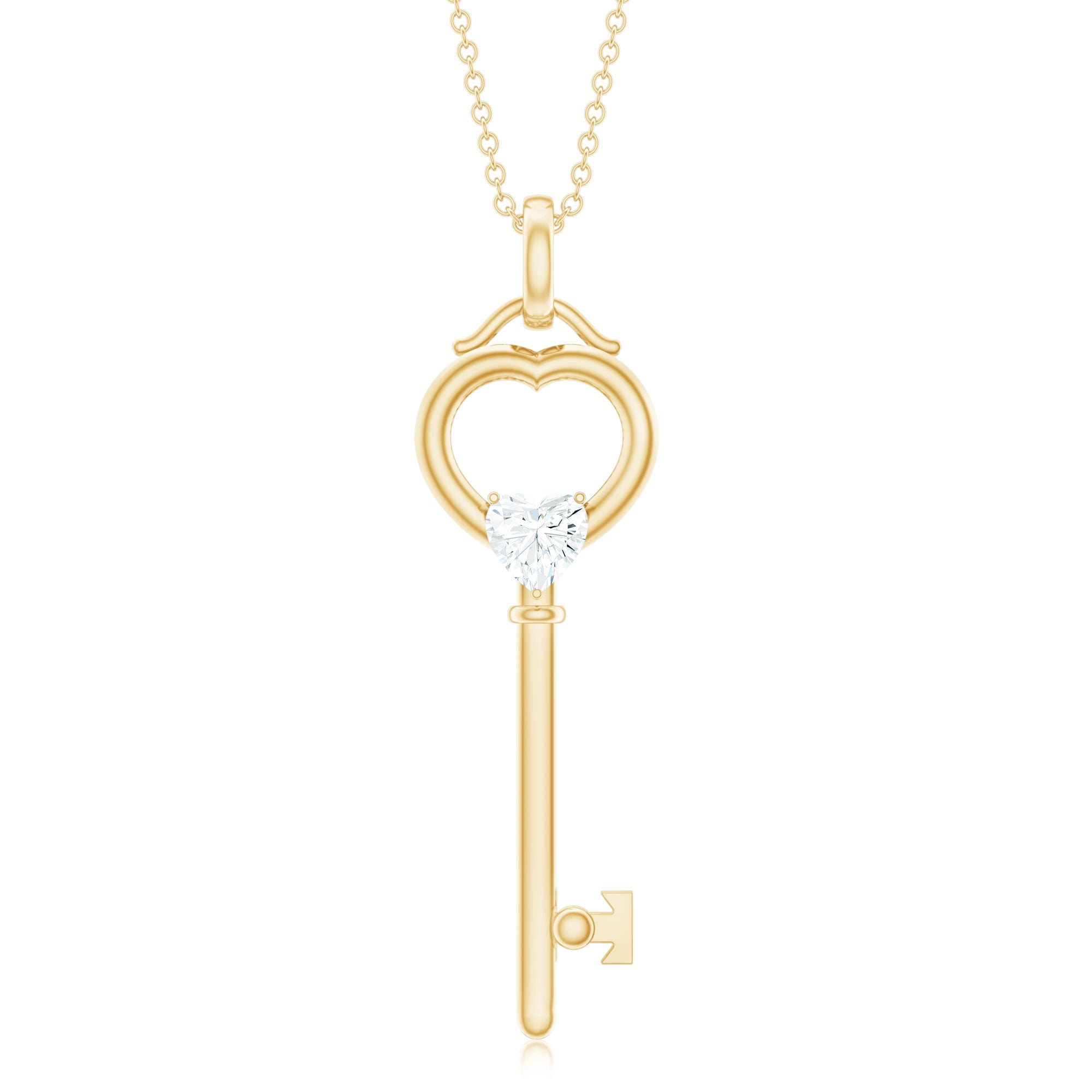 Moissanite Key Necklace – Heart Pendant in 3 Prong Setting | Elegant Jewelry Gift