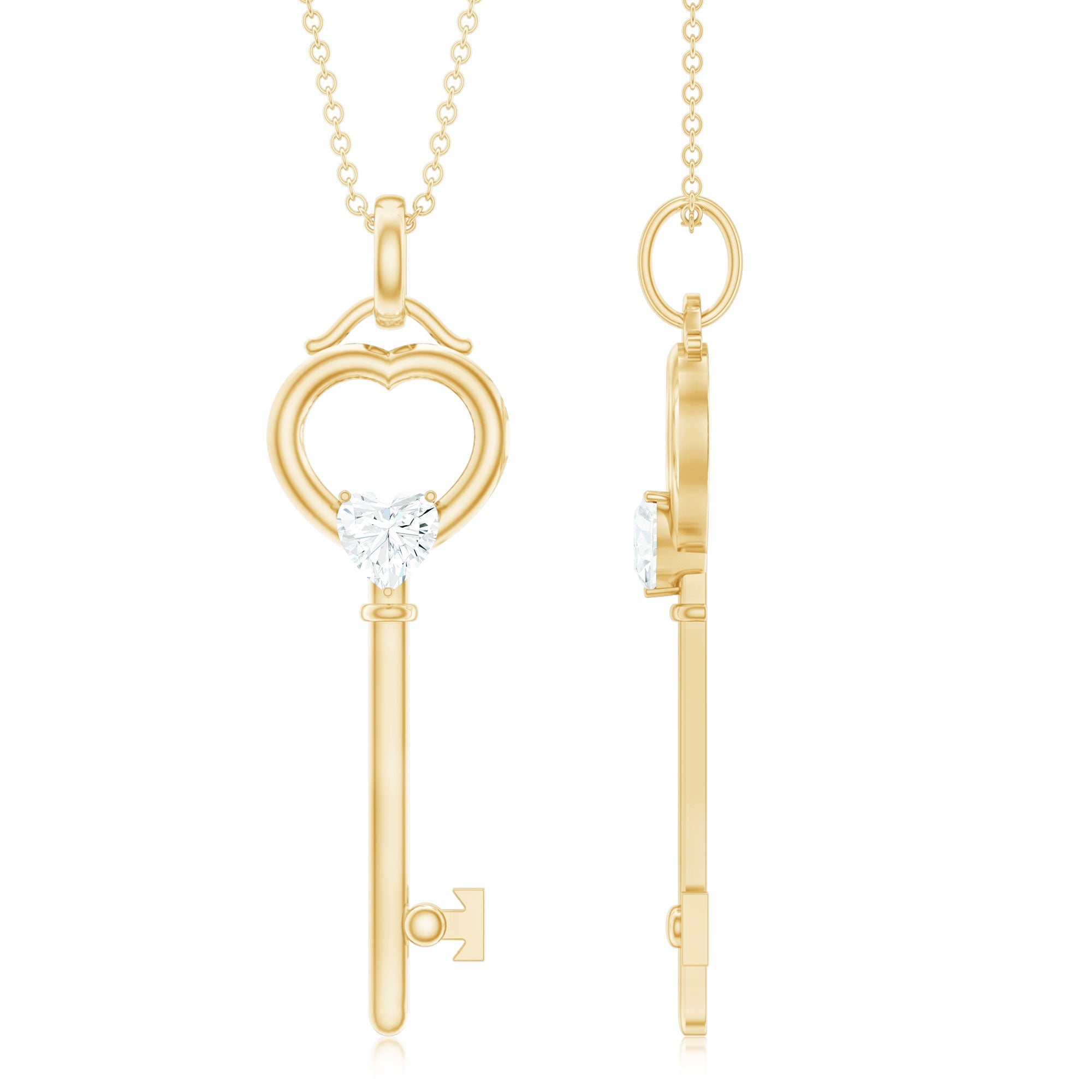 Moissanite Key Necklace – Heart Pendant in 3 Prong Setting | Elegant Jewelry Gift