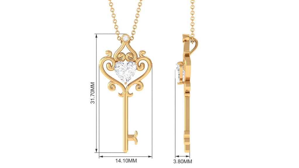 Moissanite Key Necklace – Vintage Heart Shape Pendant With Filigree Design