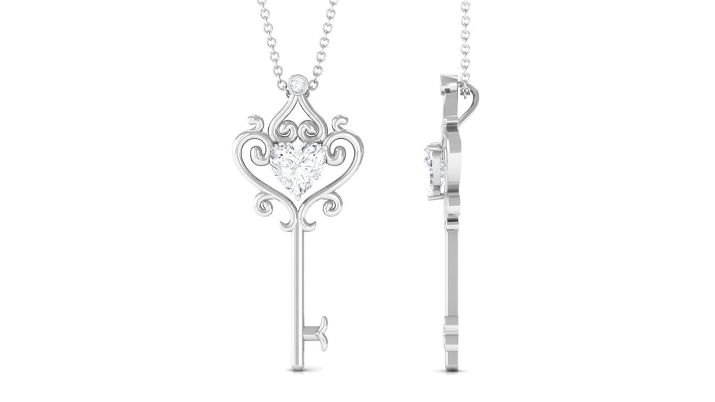 Moissanite Key Necklace – Vintage Heart Shape Pendant With Filigree Design