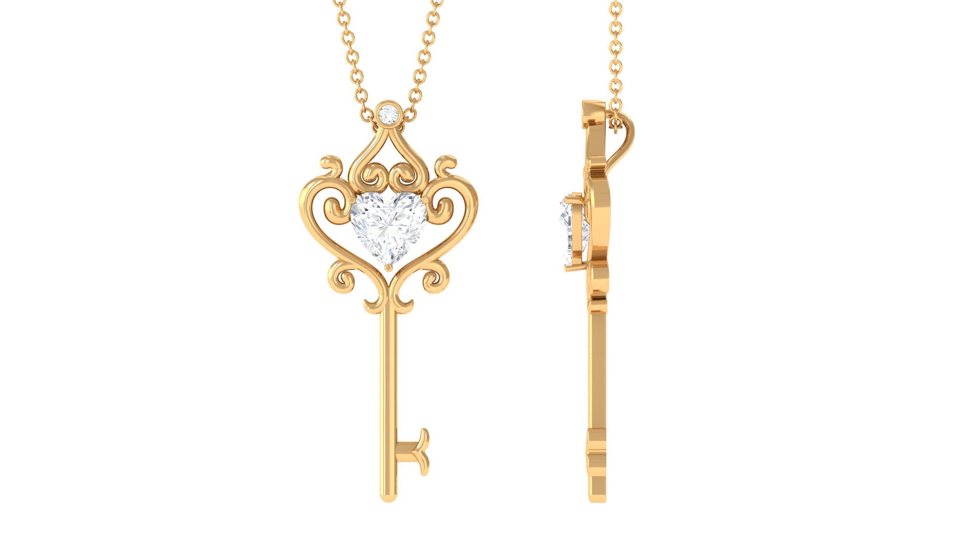 Moissanite Key Necklace – Vintage Heart Shape Pendant With Filigree Design
