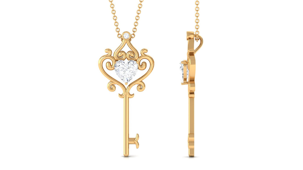 Moissanite Key Necklace – Vintage Heart Shape Pendant With Filigree Design