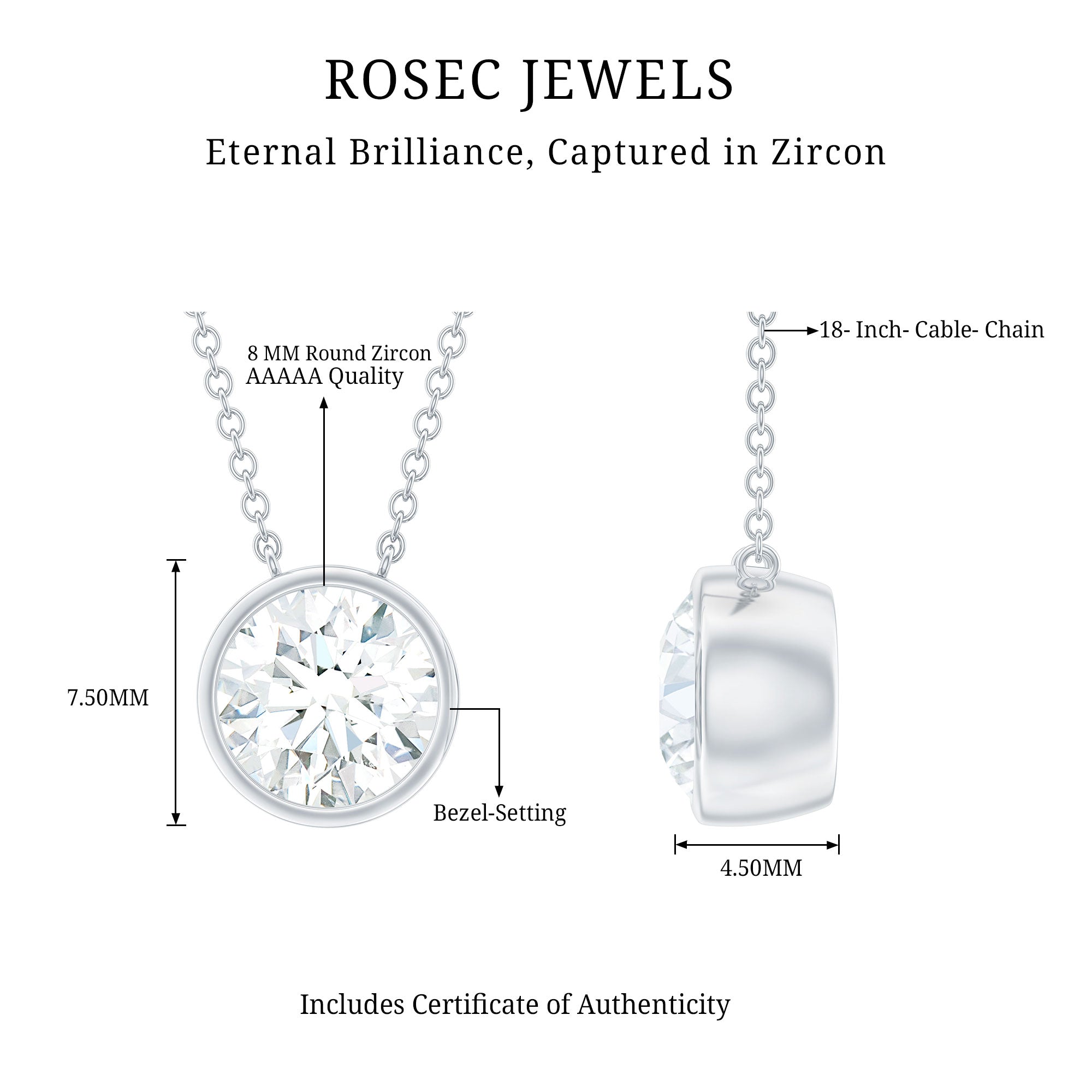 Bezel Set Cubic Zirconia Solitaire Necklace with Silver Chain
