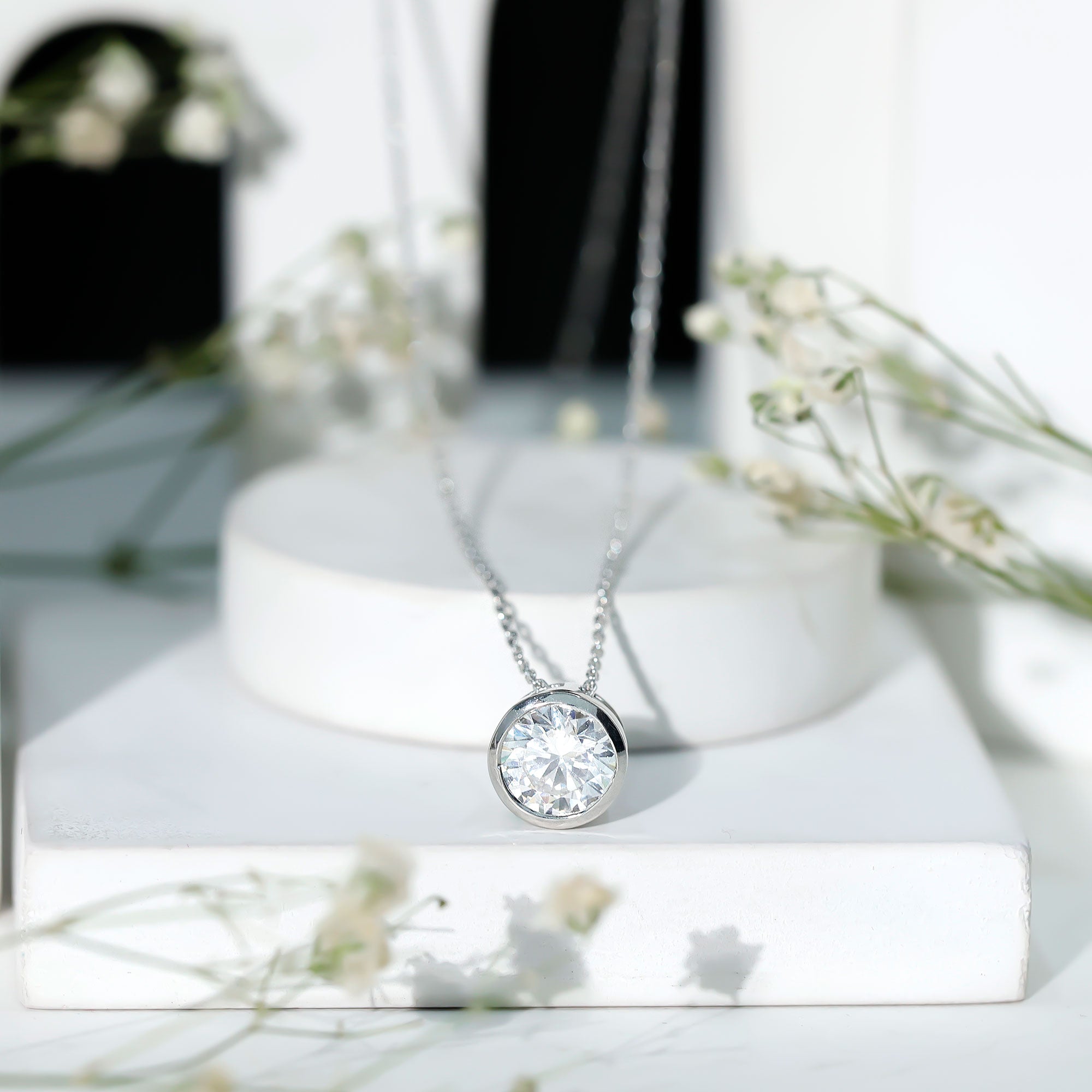 Bezel Set Cubic Zirconia Solitaire Necklace with Silver Chain