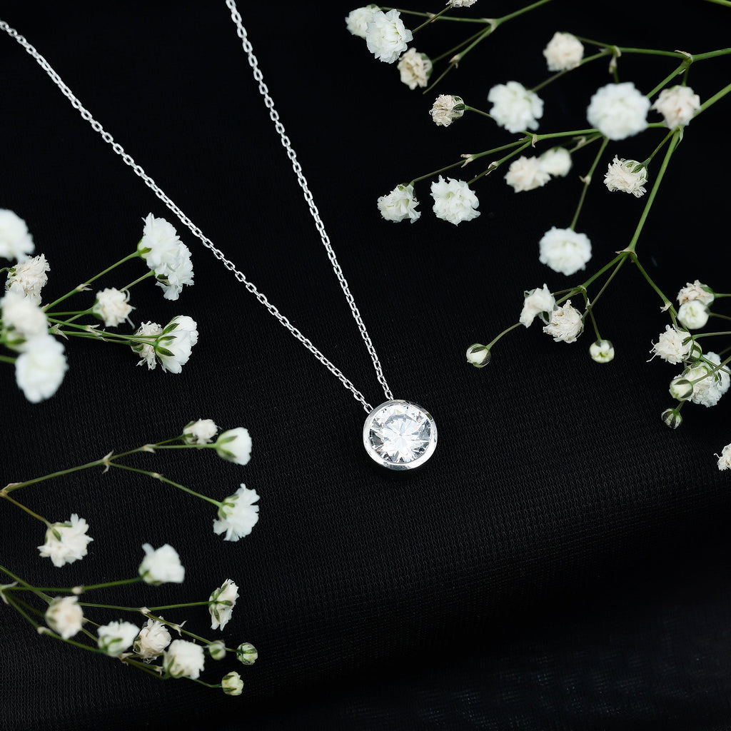 Bezel Set Cubic Zirconia Solitaire Necklace with Silver Chain