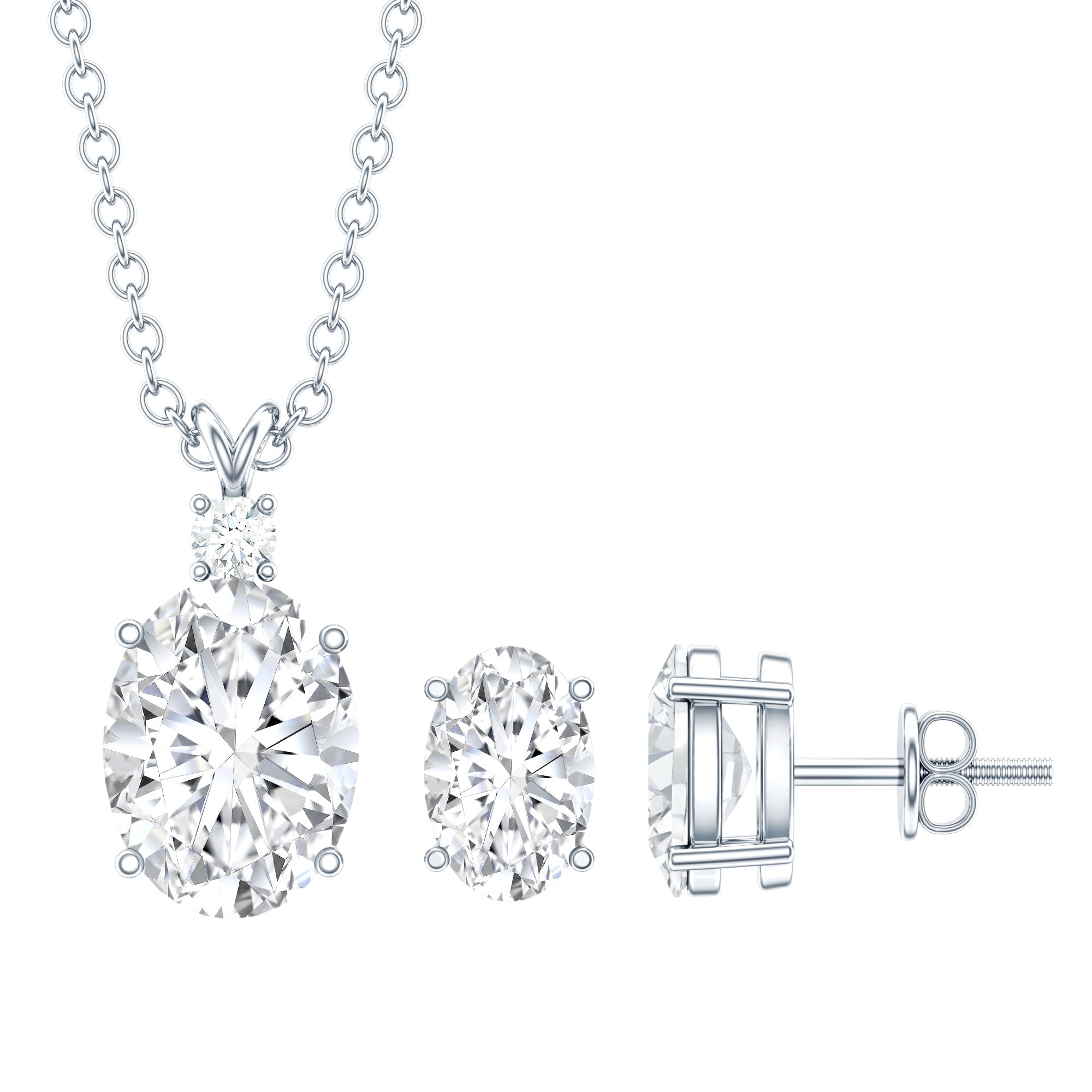 Oval Cut Cubic Zirconia Solitaire Necklace and Earrings in Silver