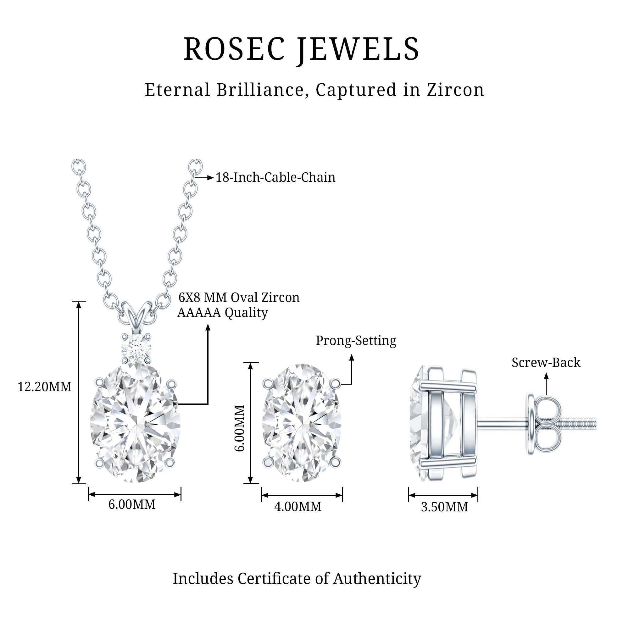 Oval Cut Cubic Zirconia Solitaire Necklace and Earrings in Silver