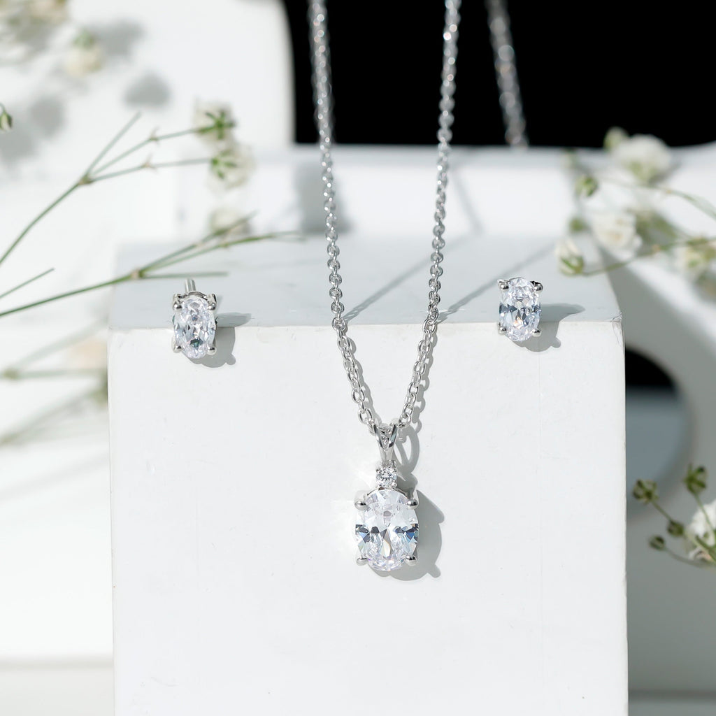 Oval Cut Cubic Zirconia Solitaire Necklace and Earrings in Silver