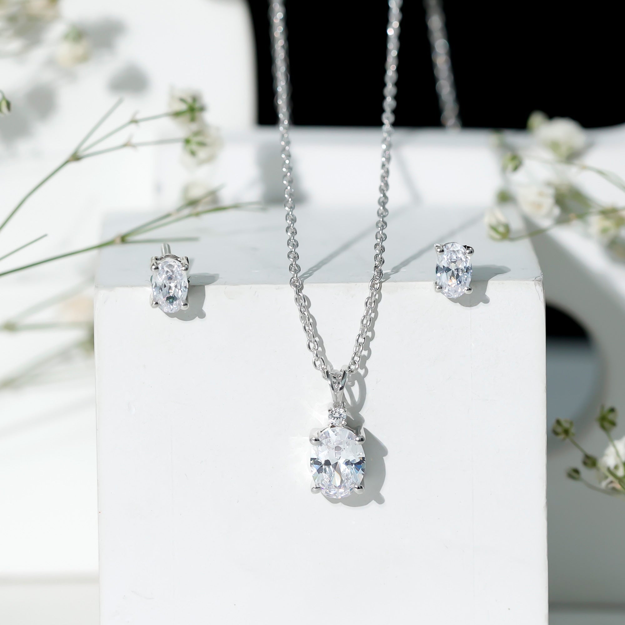 Oval Cut Cubic Zirconia Solitaire Necklace and Earrings in Silver