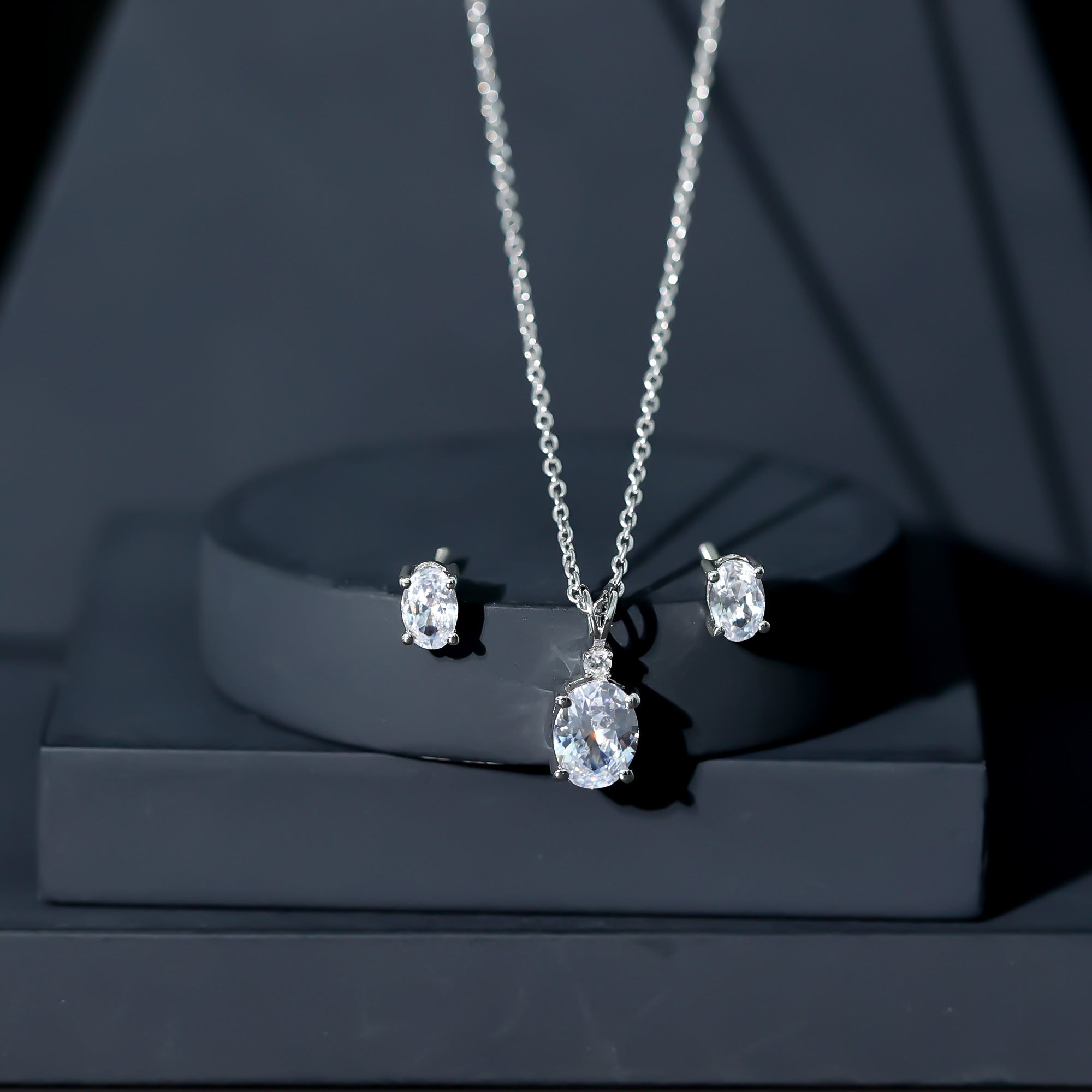 Oval Cut Cubic Zirconia Solitaire Necklace and Earrings in Silver