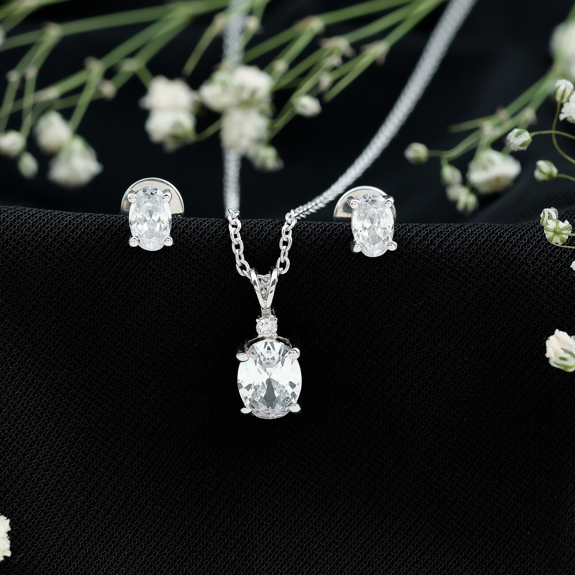 Oval Cut Cubic Zirconia Solitaire Necklace and Earrings in Silver