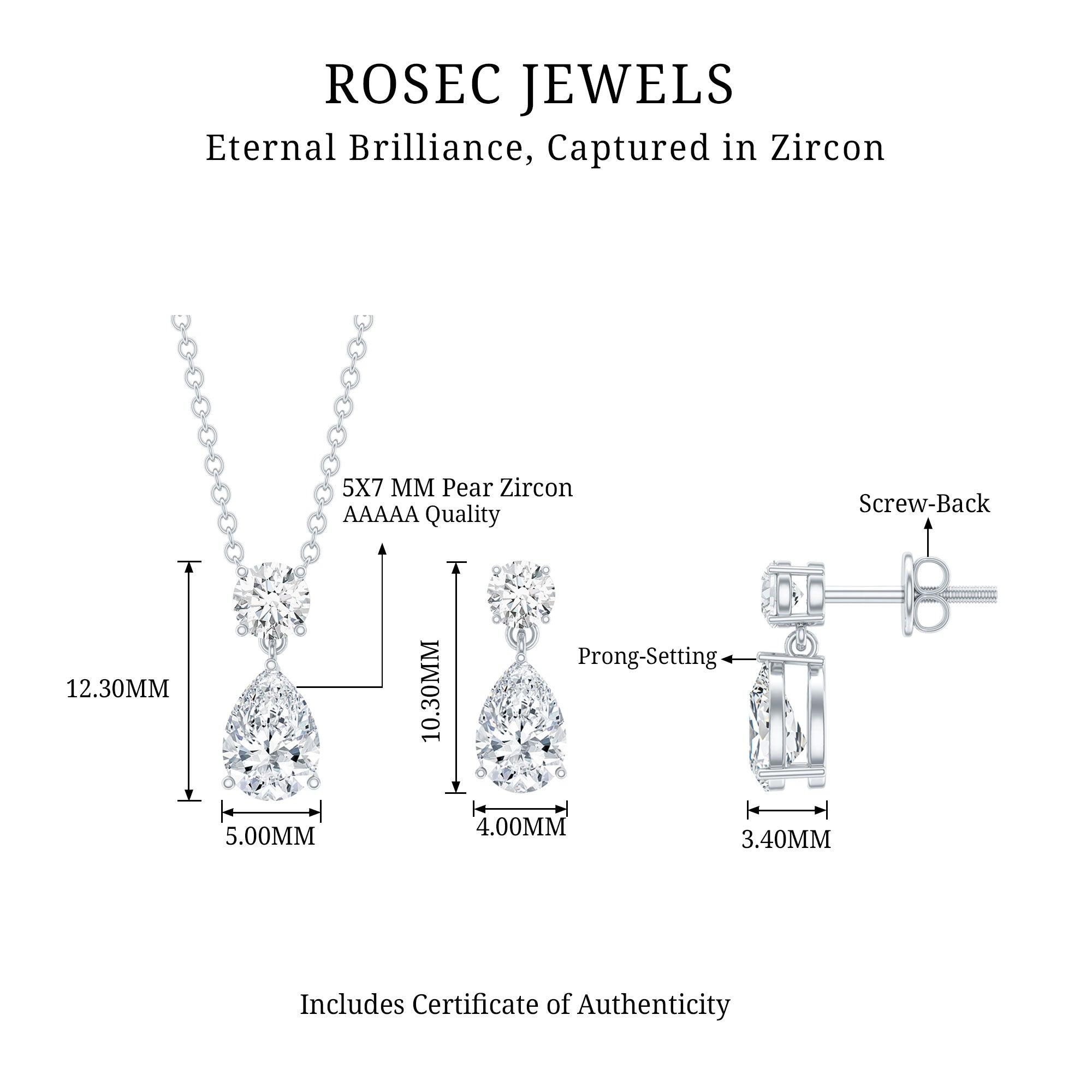 Certified 3 Carat Cubic Zirconia Drop Necklace and Earrings Set