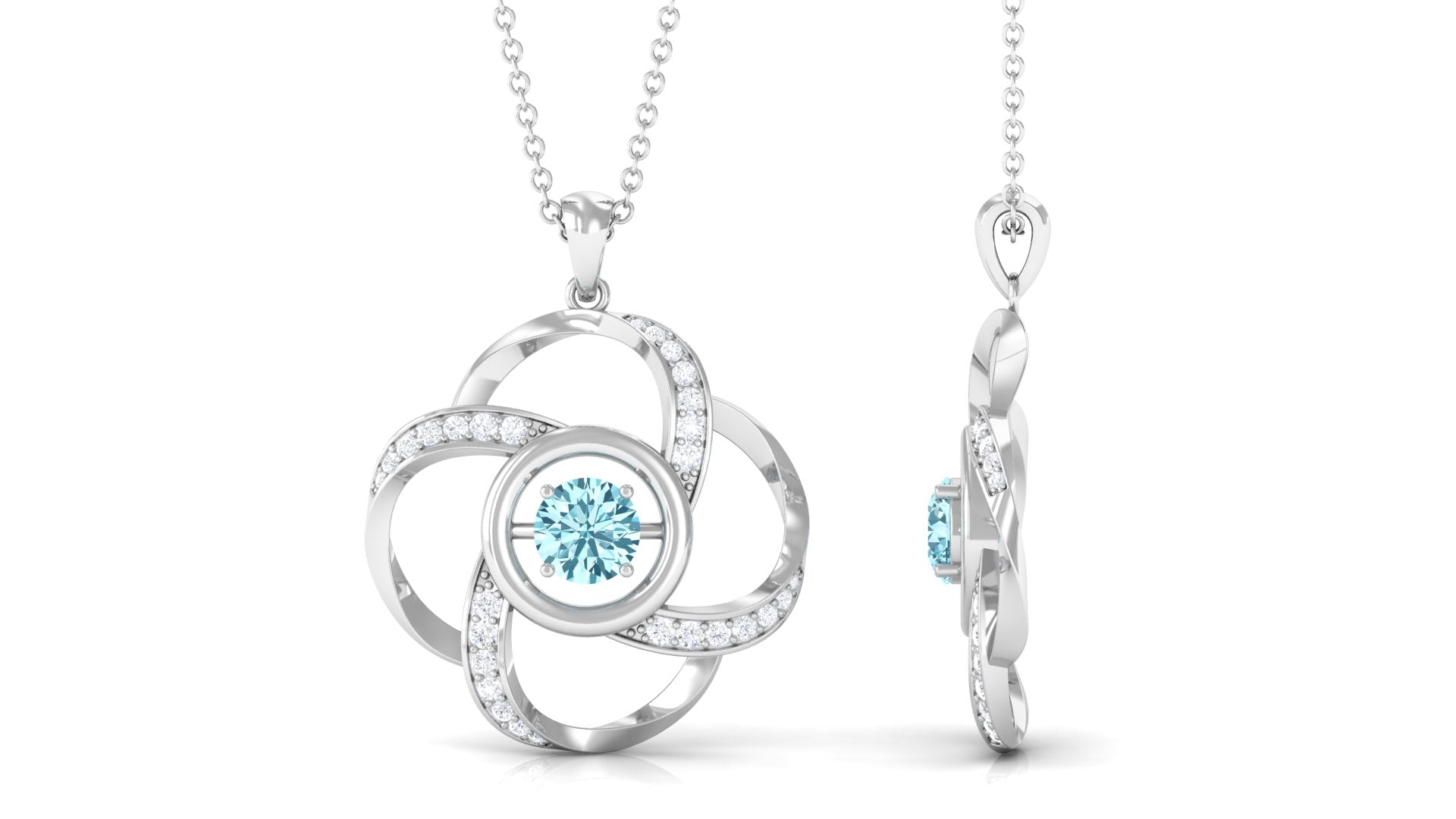 Flower Pendant Necklace – Modern Pendant Design with Round Aquamarine Gem & Diamonds
