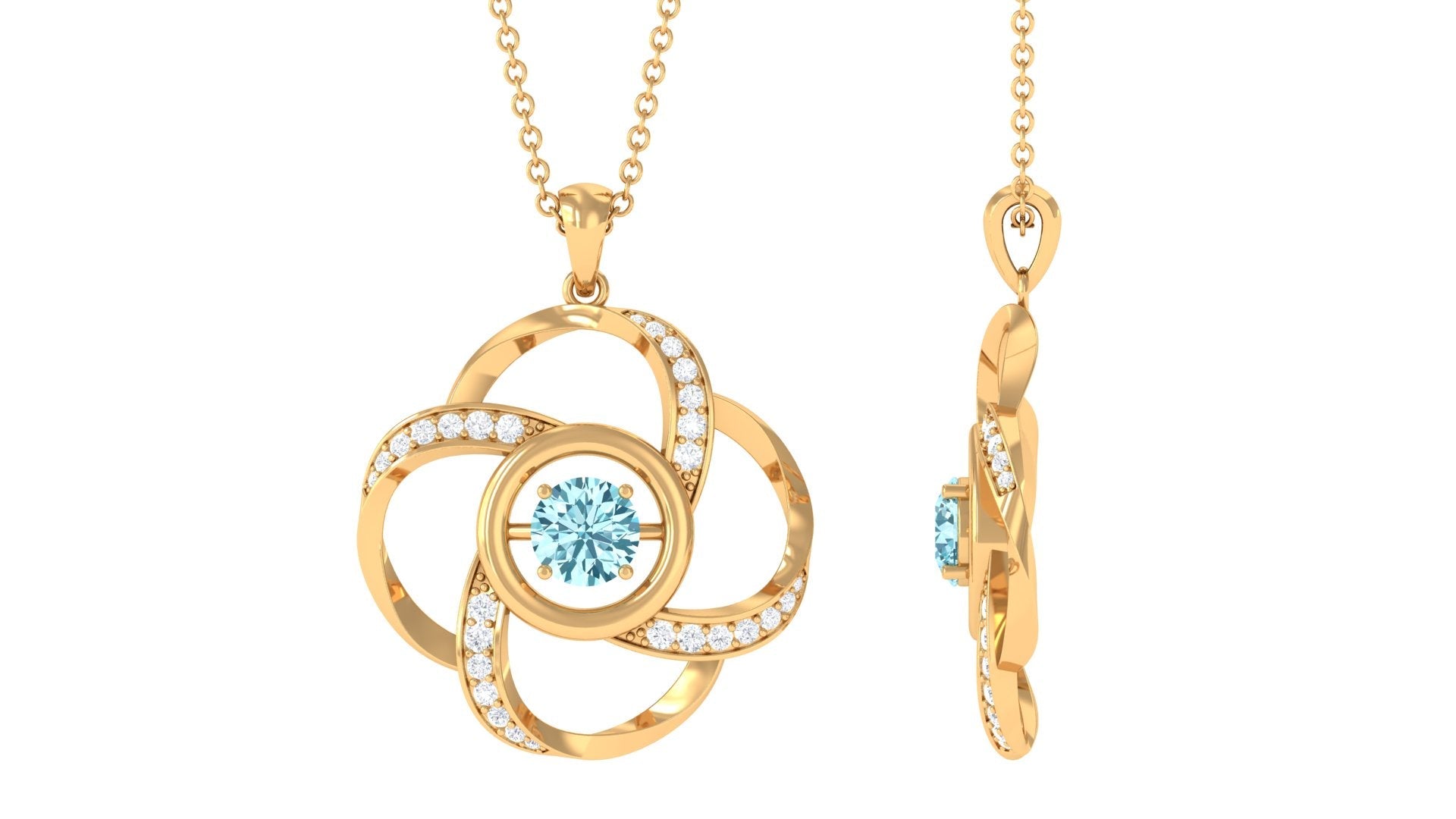 Flower Pendant Necklace – Modern Pendant Design with Round Aquamarine Gem & Diamonds