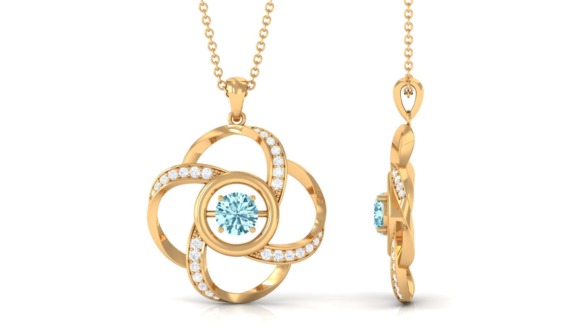 Flower Pendant Necklace – Modern Pendant Design with Round Aquamarine Gem & Diamonds