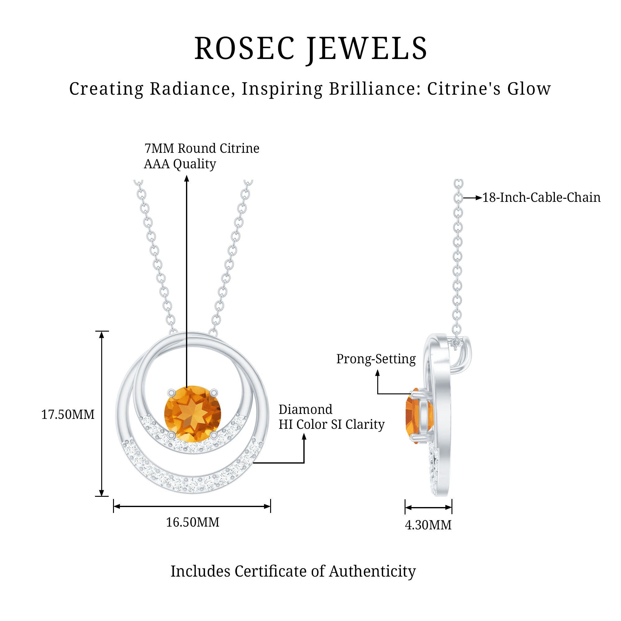Natural 1.2 Carat Citrine Circle in Circle Necklace with Diamond