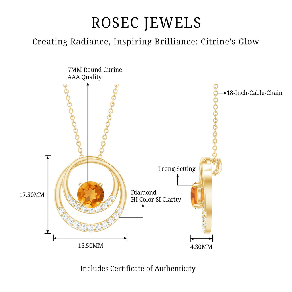 Natural 1.2 Carat Citrine Circle in Circle Necklace with Diamond