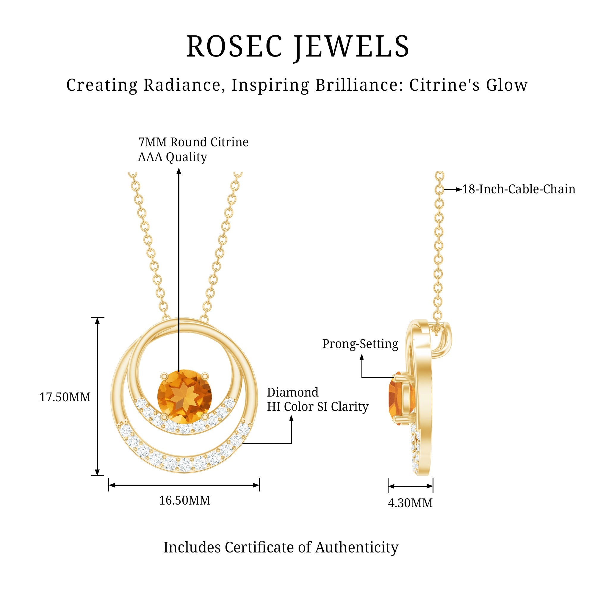 Natural 1.2 Carat Citrine Circle in Circle Necklace with Diamond