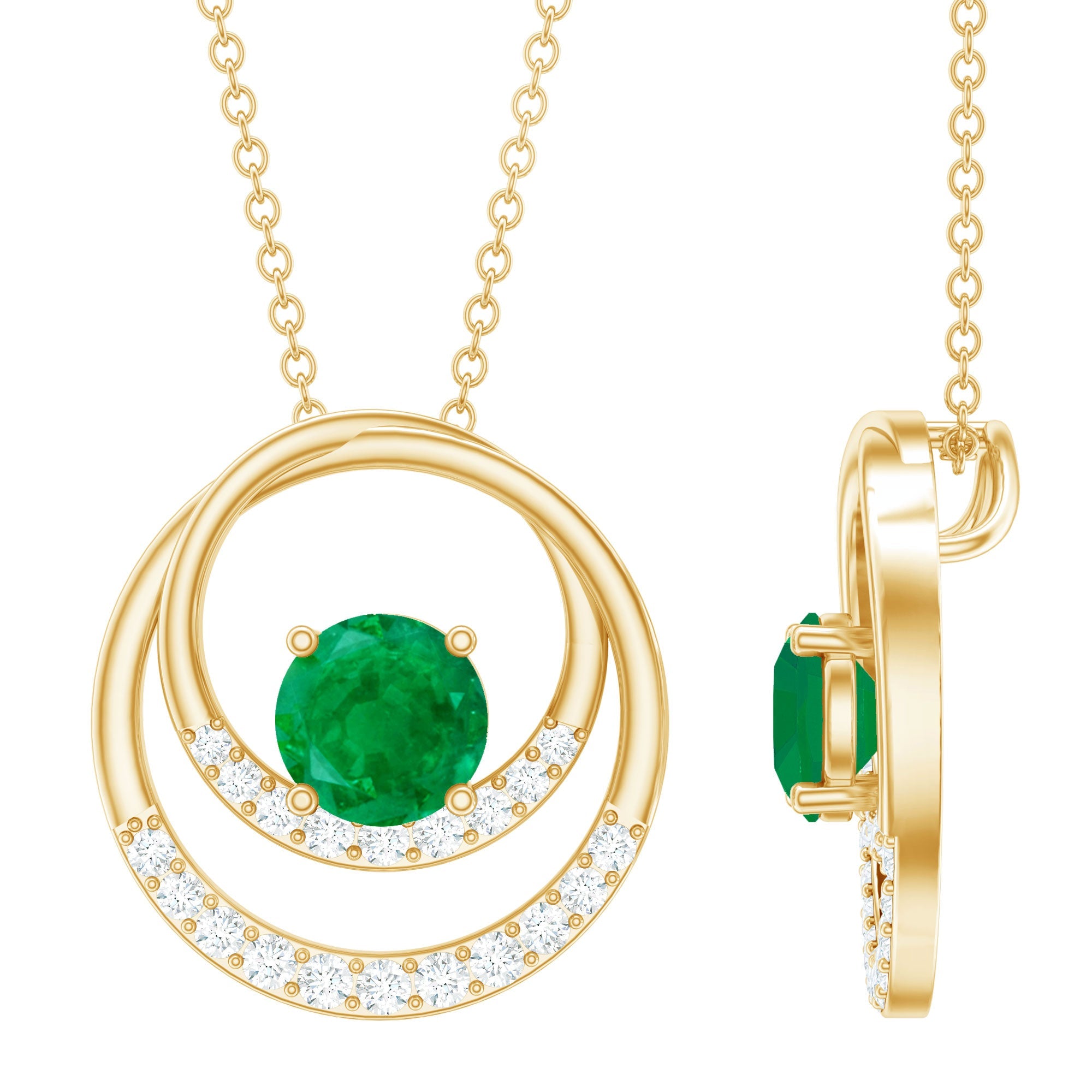 Emerald Diamond Necklace – Double Circle Pendant With Half Carat Emerald