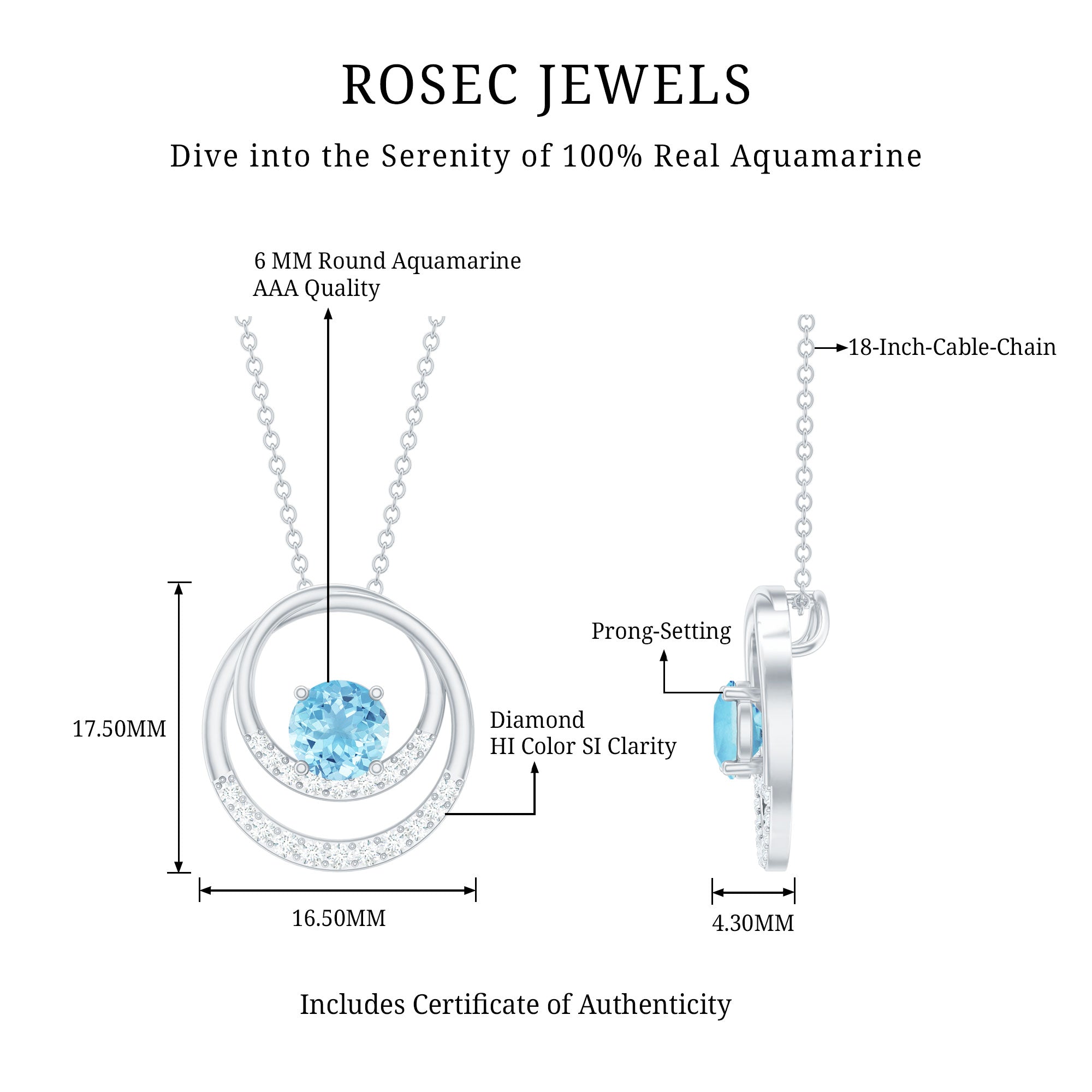 Aquamarine Circle Necklace – Eternity Pendant with Sparkling Diamond Stones