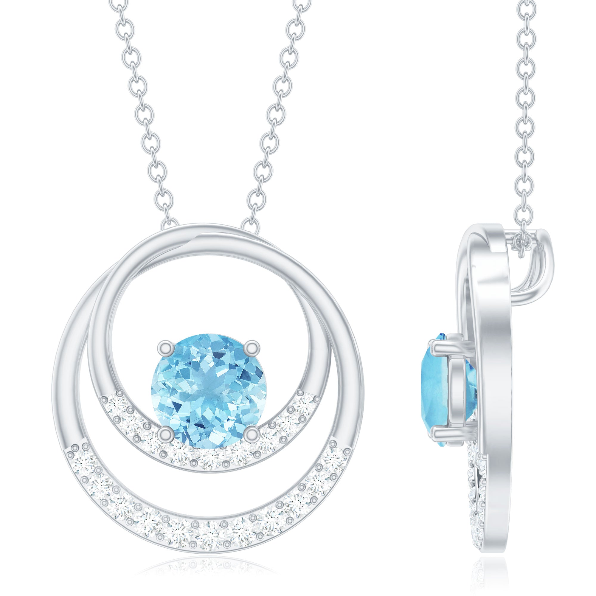 Aquamarine Circle Necklace – Eternity Pendant with Sparkling Diamond Stones