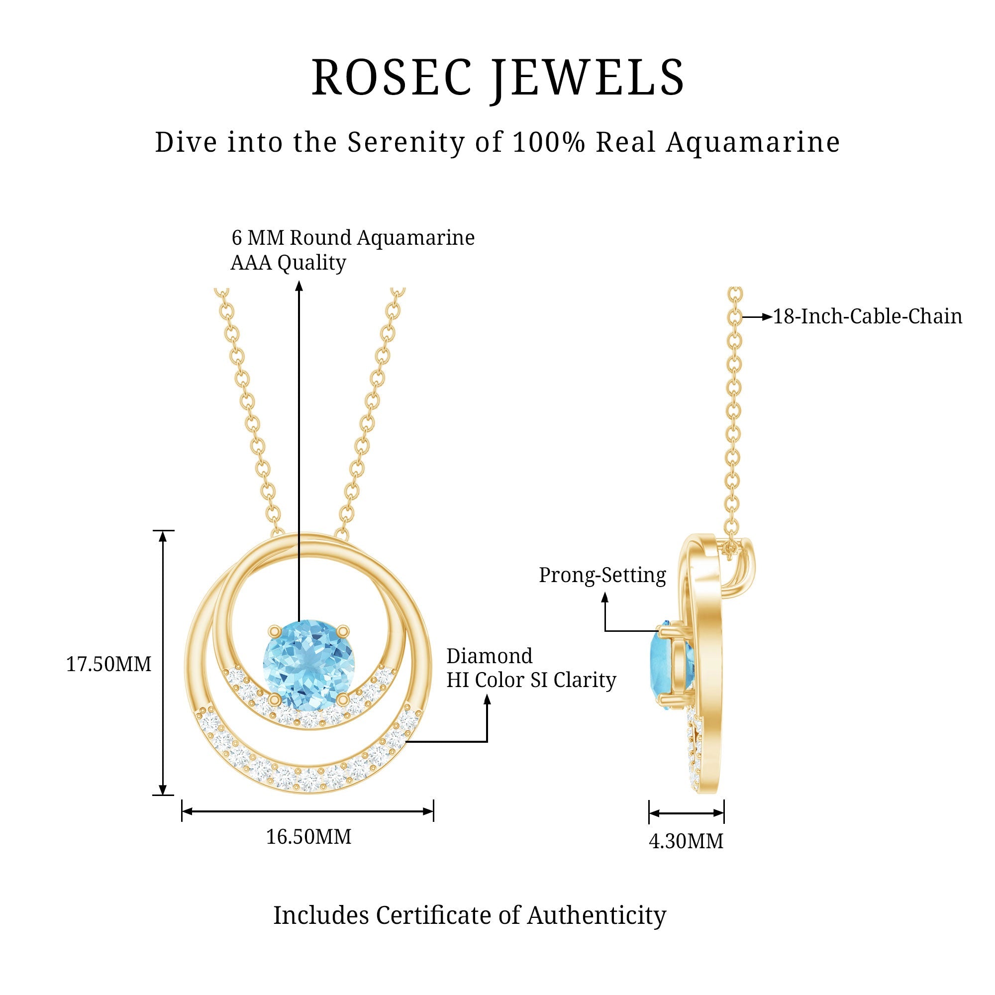 Aquamarine Circle Necklace – Eternity Pendant with Sparkling Diamond Stones