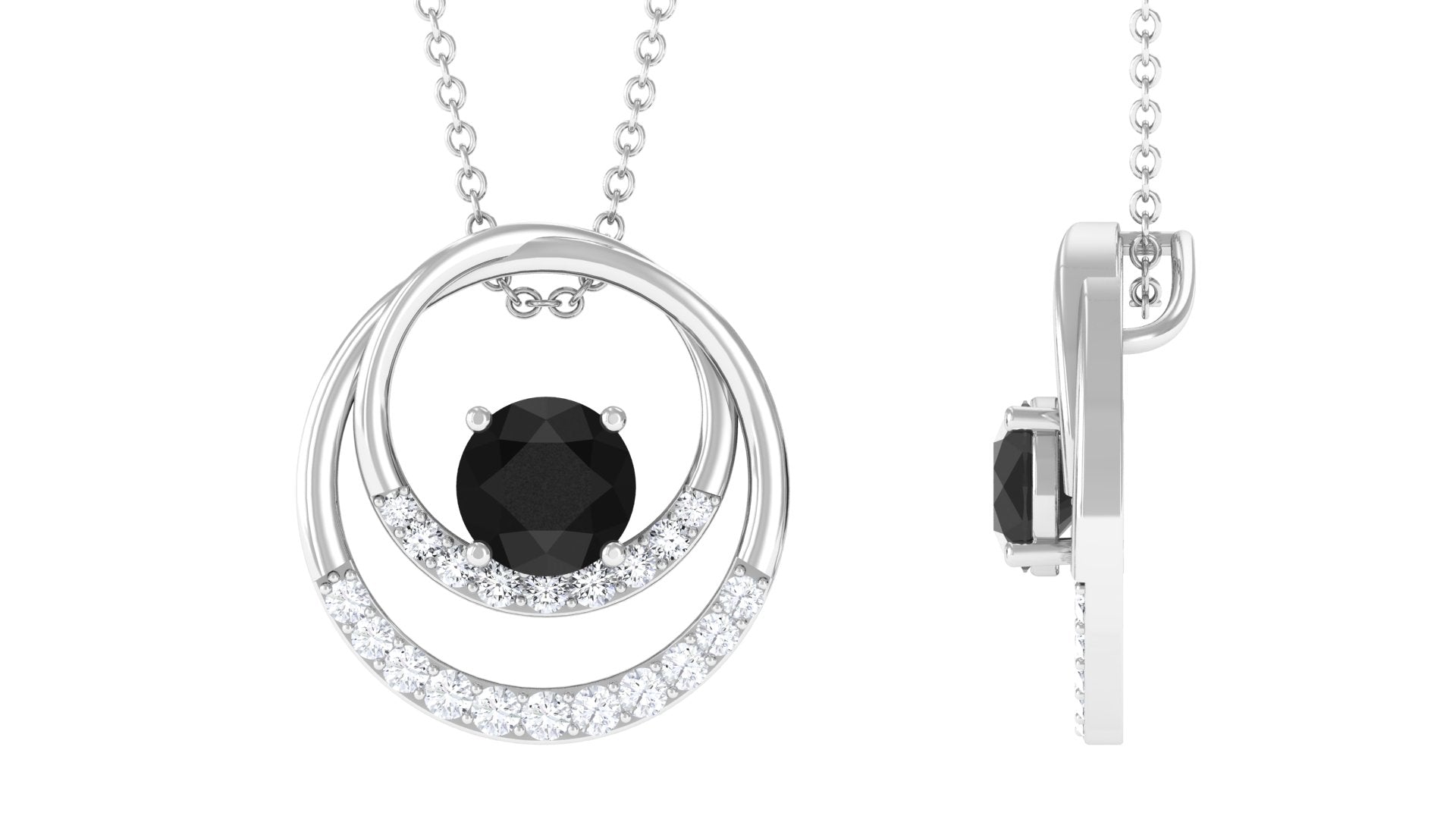 Natural 2 Carat Black Onyx Circle in Circle Necklace with Diamond