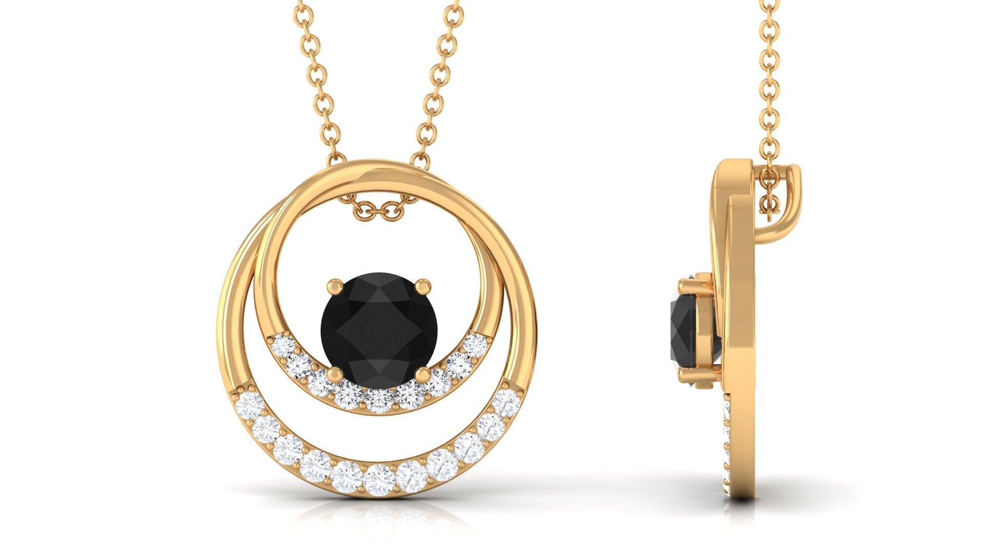 Natural 2 Carat Black Onyx Circle in Circle Necklace with Diamond