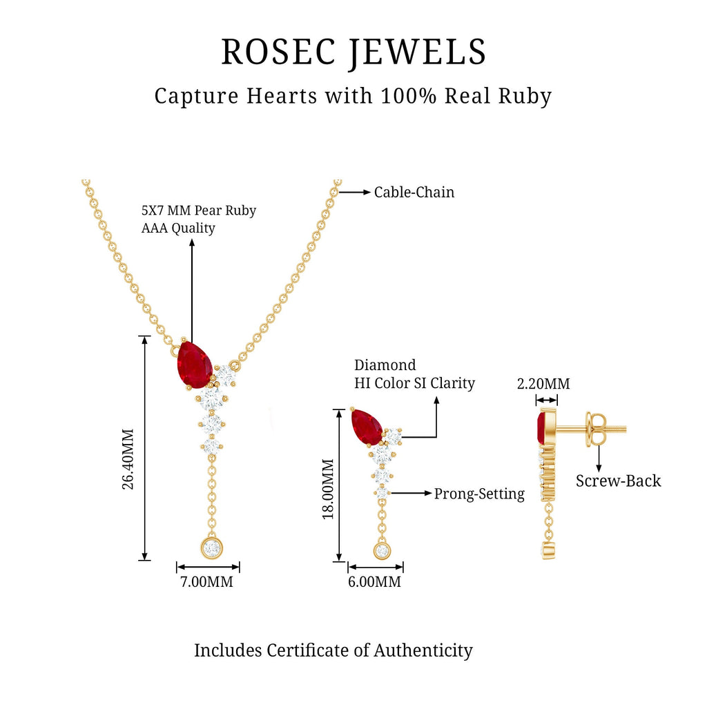 Pear Cut Ruby Dangle Necklace and Earrings Set with Diamond
